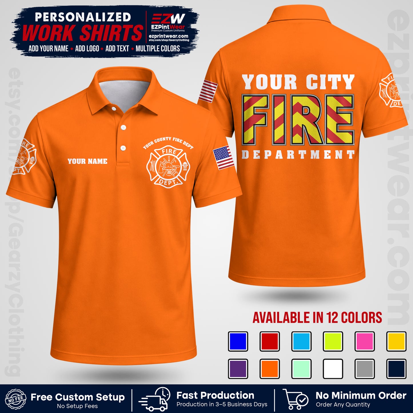 Custom Fire Department Shirt with Name, City Logo & Text | Firefighter Uniform | Button Up Work Shirt FF05