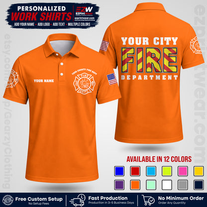 Custom Fire Department Shirt with Name, City Logo & Text | Firefighter Uniform | Button Up Work Shirt FF05