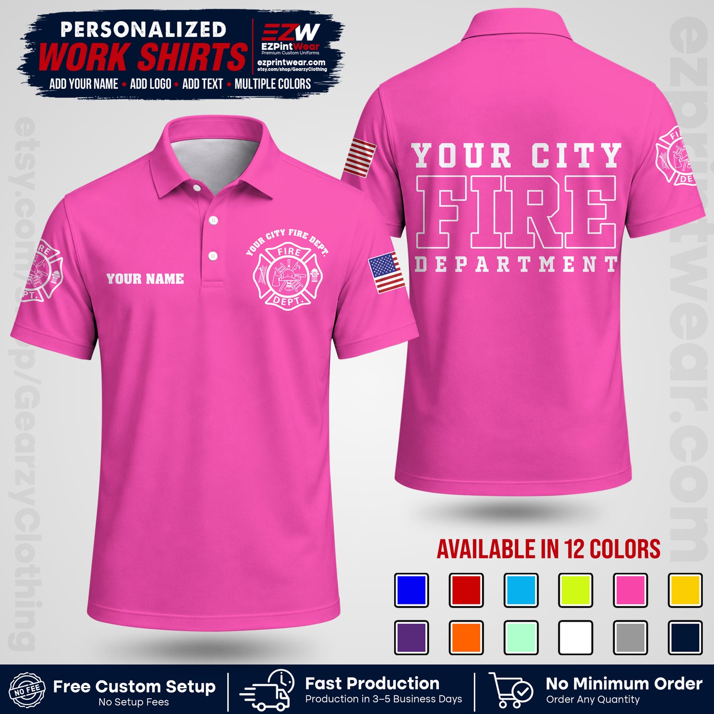 Custom Fire Department Shirt with Name, City Logo & Text | Firefighter Uniform | Button Up Work Shirt FF01