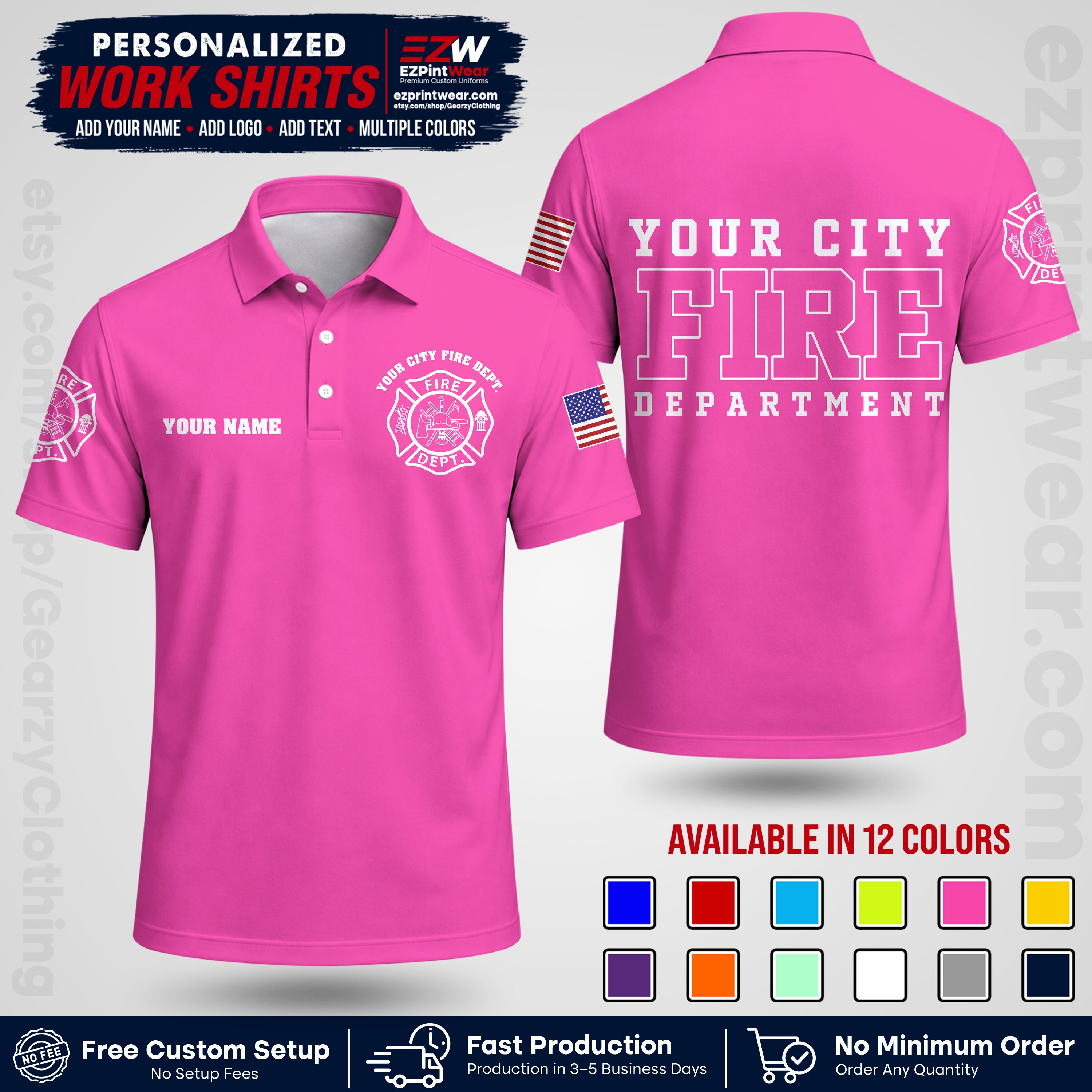 Custom Fire Department Shirt with Name, City Logo & Text | Firefighter Uniform | Button Up Work Shirt FF01