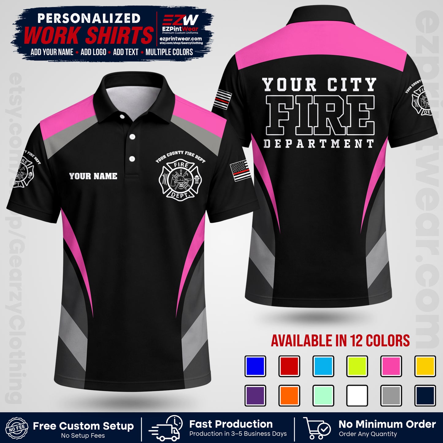 Custom Fire Department Shirt with Name, City Logo & Text | Firefighter Uniform | Button Up Work Shirt FF02