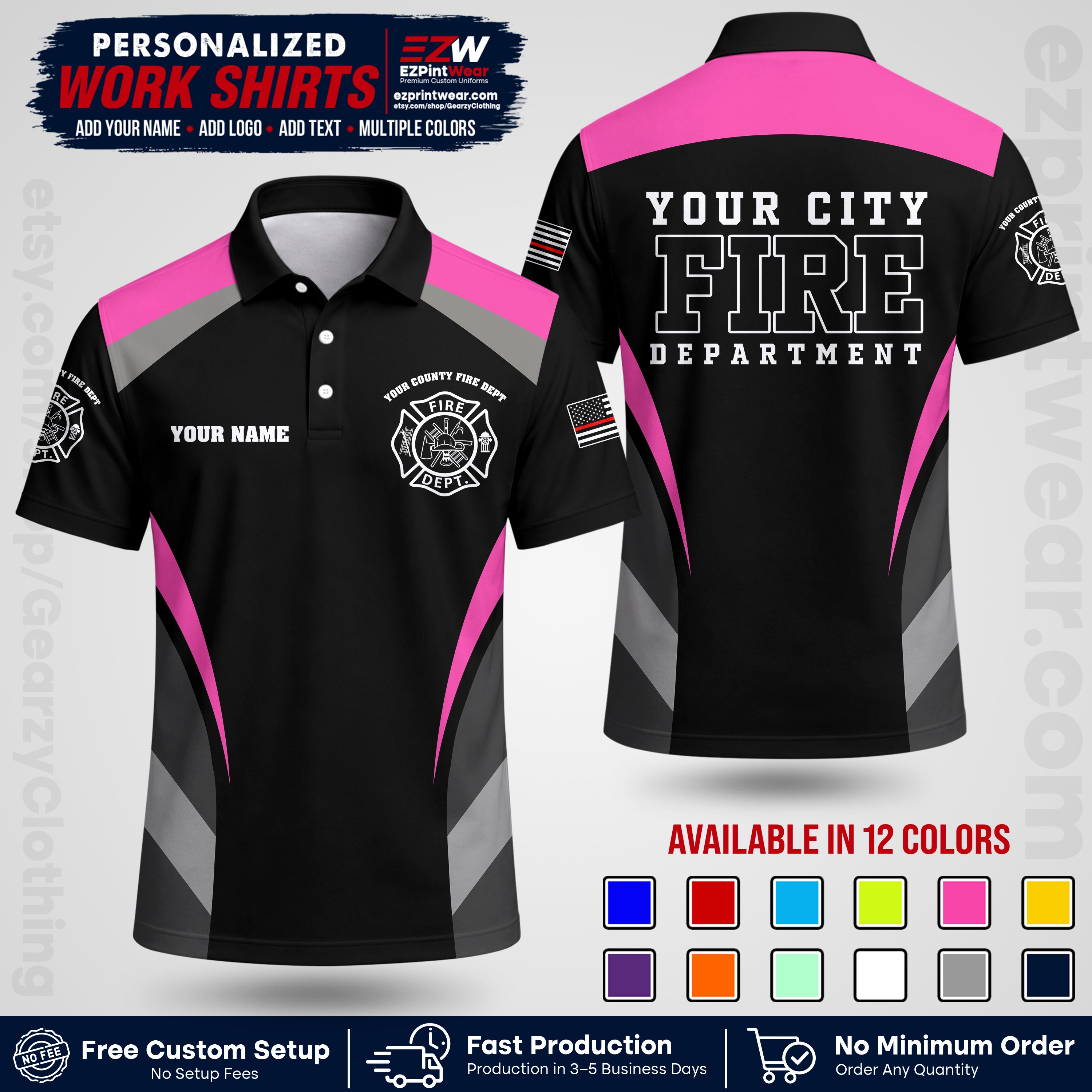 Custom Fire Department Shirt with Name, City Logo & Text | Firefighter Uniform | Button Up Work Shirt FF02