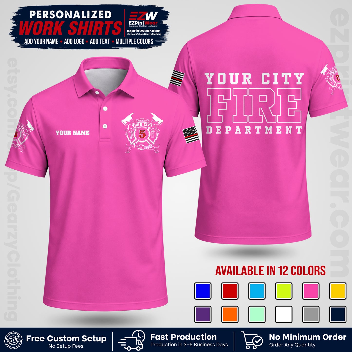 Custom Fire Department Shirt with Name, City Logo & Text | Firefighter Uniform | Button Up Work Shirt FF07
