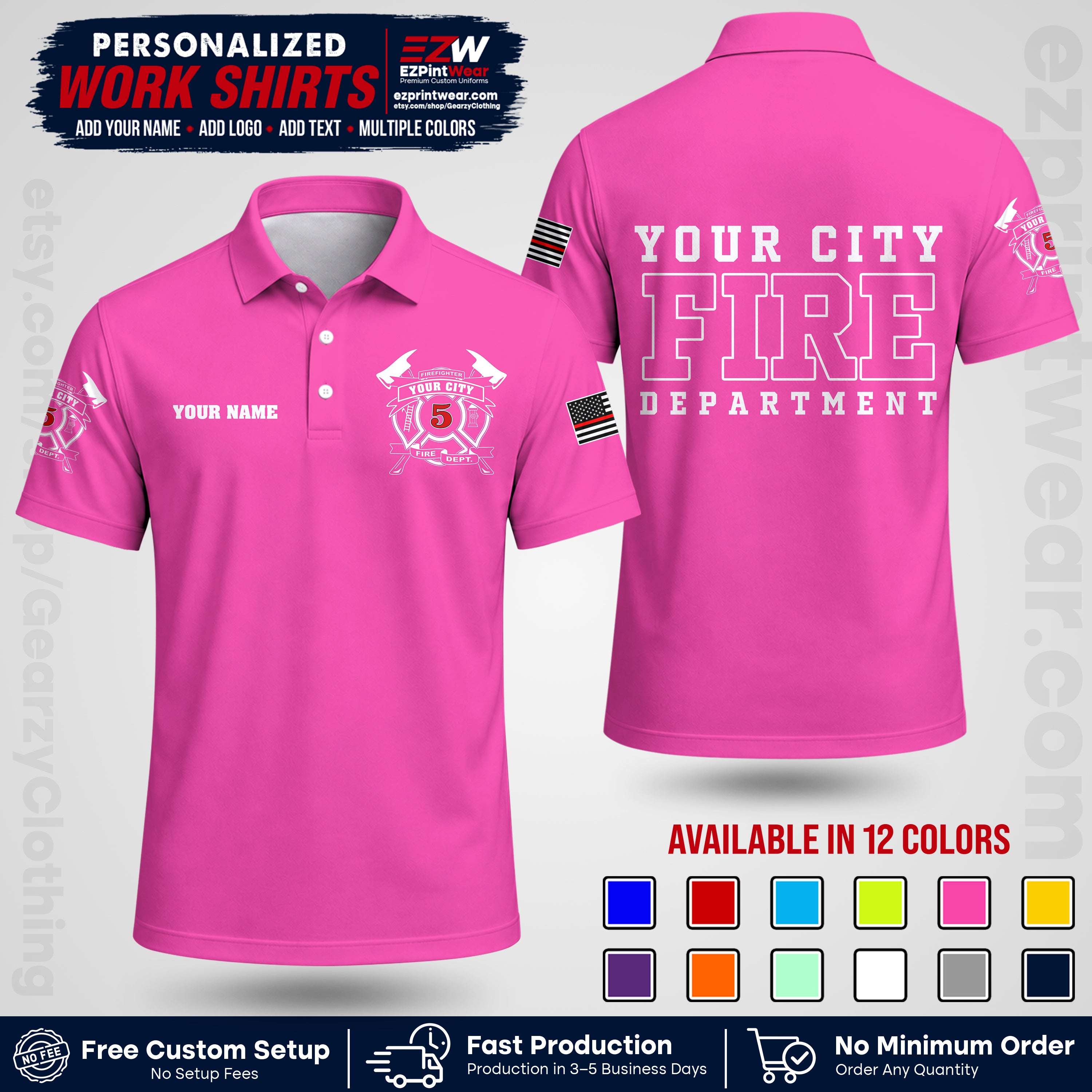 Custom Fire Department Shirt with Name, City Logo & Text | Firefighter Uniform | Button Up Work Shirt FF07