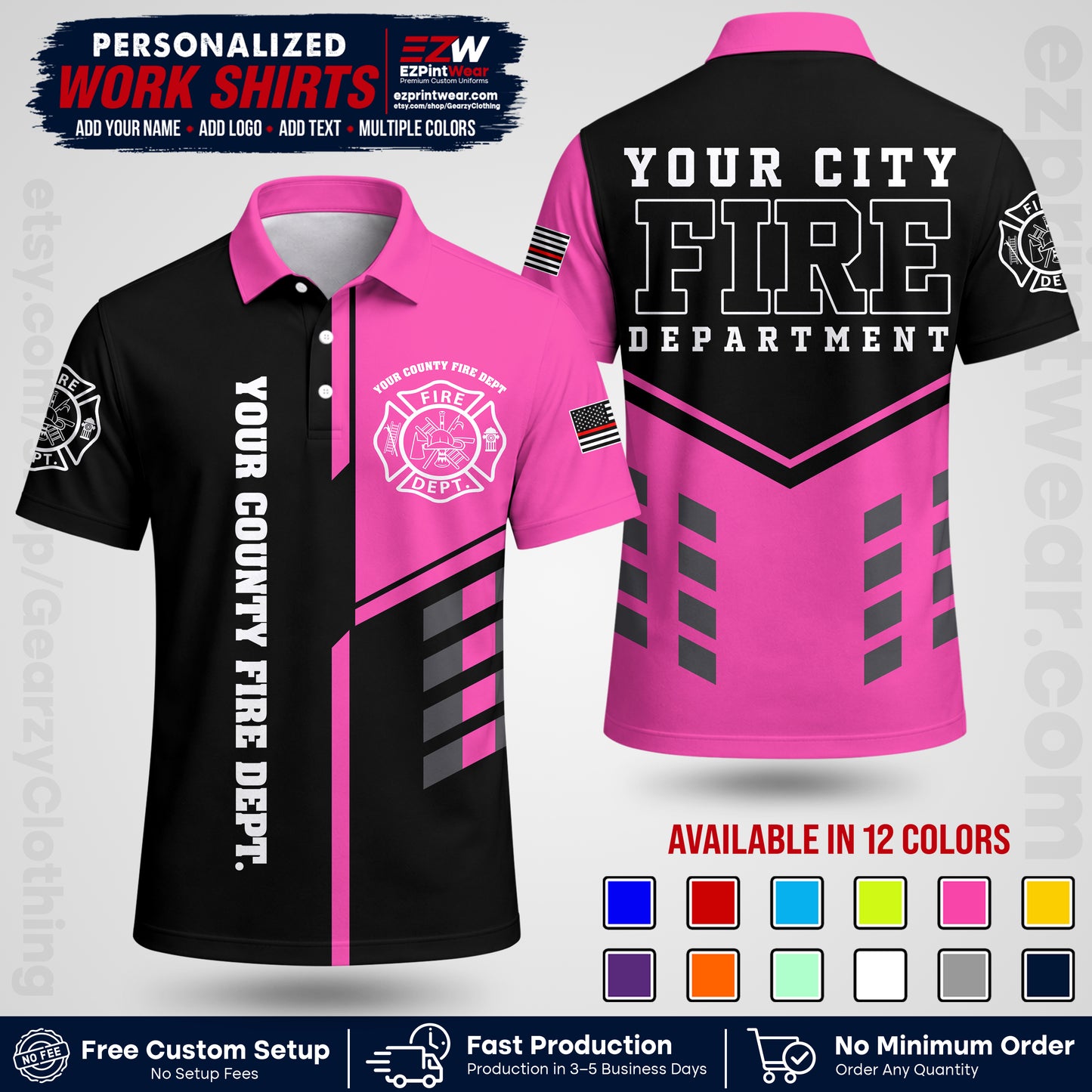 Custom Fire Department Shirt with Name, City Logo & Text | Firefighter Uniform | Button Up Work Shirt FF03