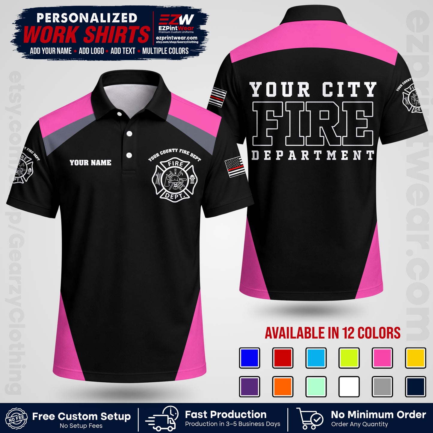 Custom Fire Department Shirt with Name, City Logo & Text | Firefighter Uniform | Button Up Work Shirt FF04