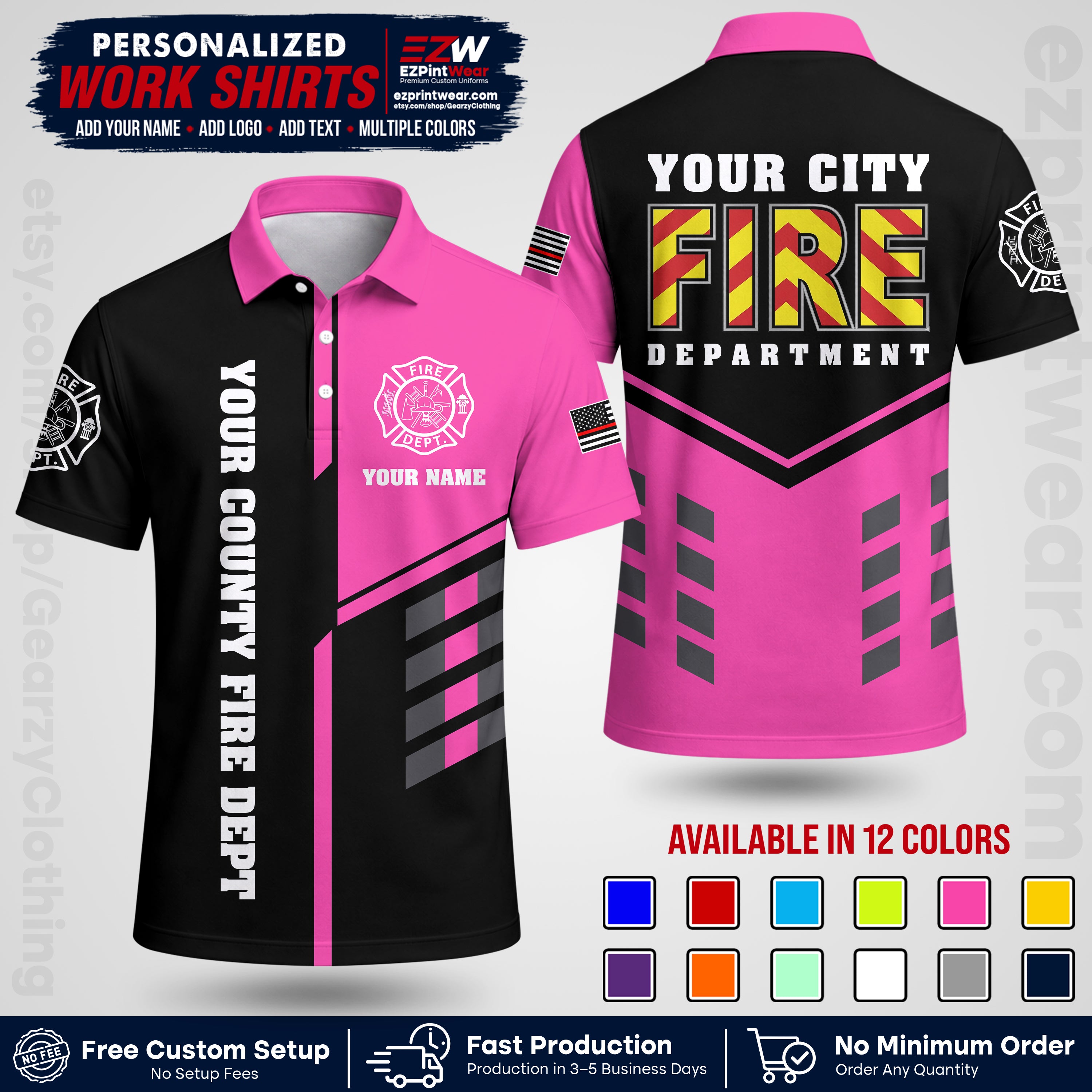 Custom Fire Department Shirt with Name, City Logo & Text | Firefighter Uniform | Button Up Work Shirt FF06