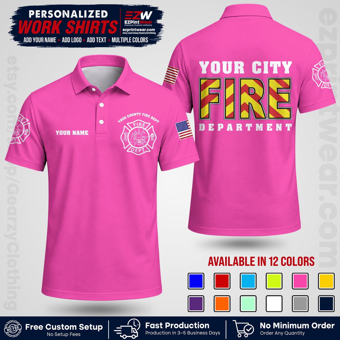 Custom Fire Department Shirt with Name, City Logo & Text | Firefighter Uniform | Button Up Work Shirt FF05