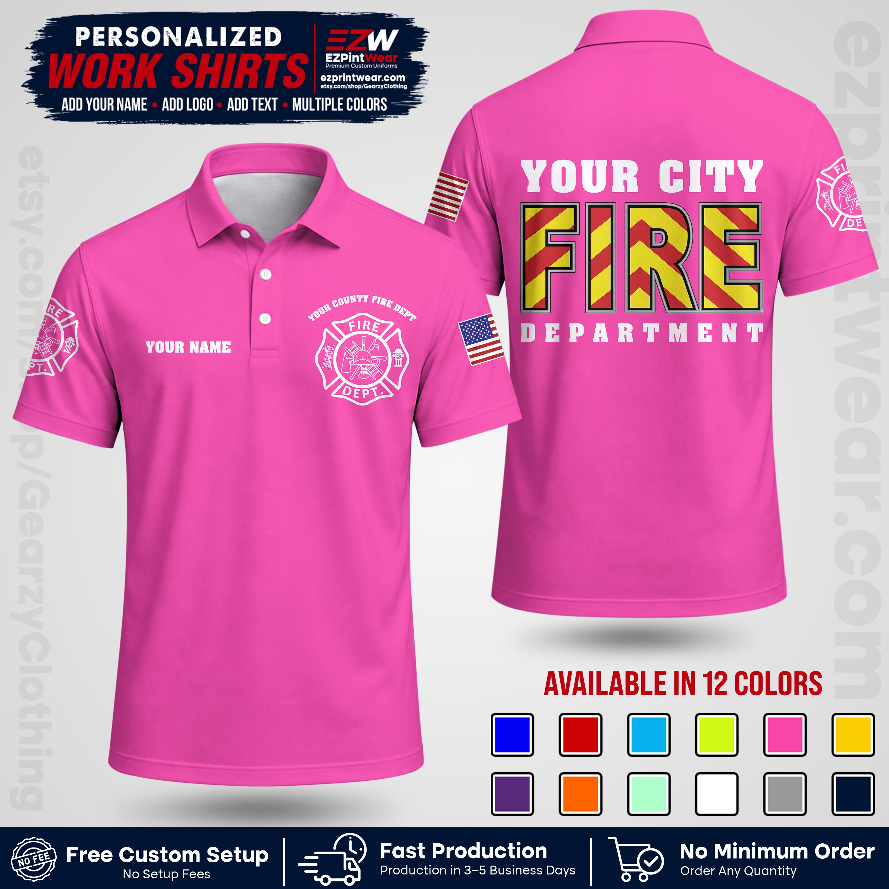 Custom Fire Department Shirt with Name, City Logo & Text | Firefighter Uniform | Button Up Work Shirt FF05