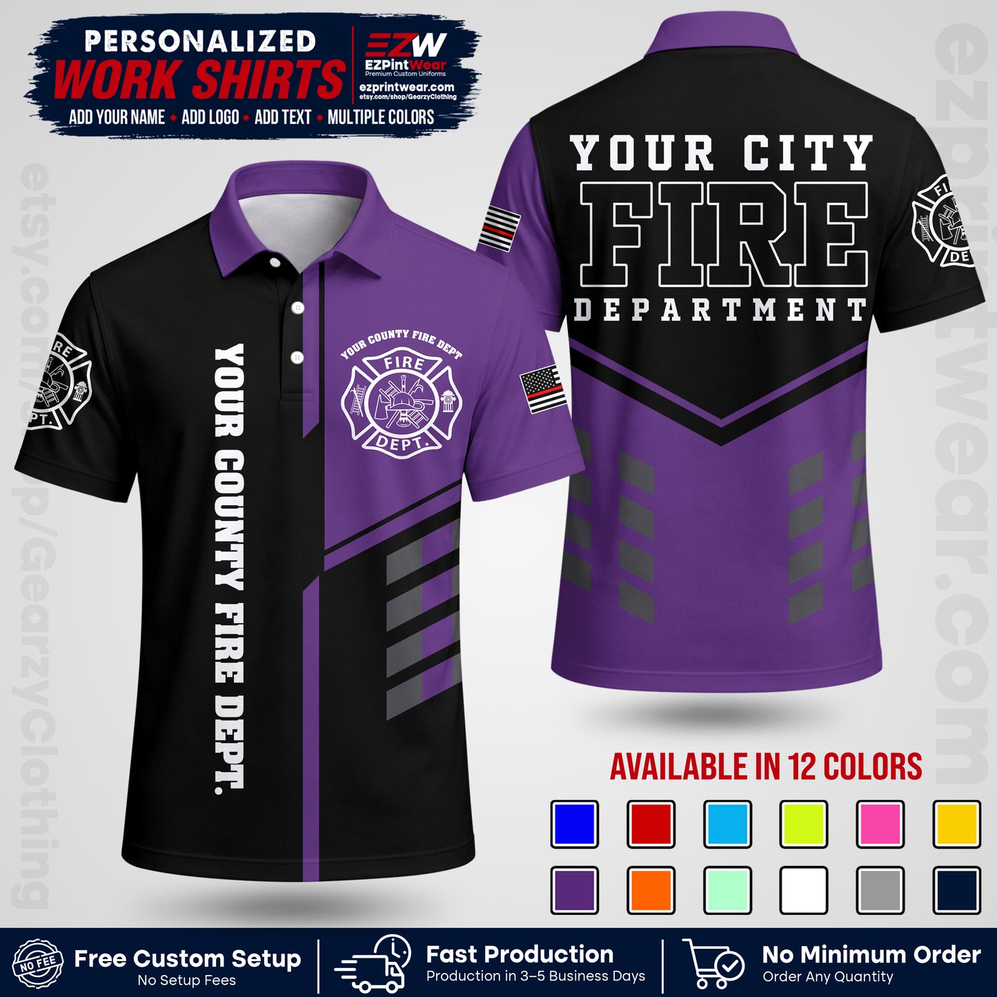 Custom Fire Department Shirt with Name, City Logo & Text | Firefighter Uniform | Button Up Work Shirt FF03