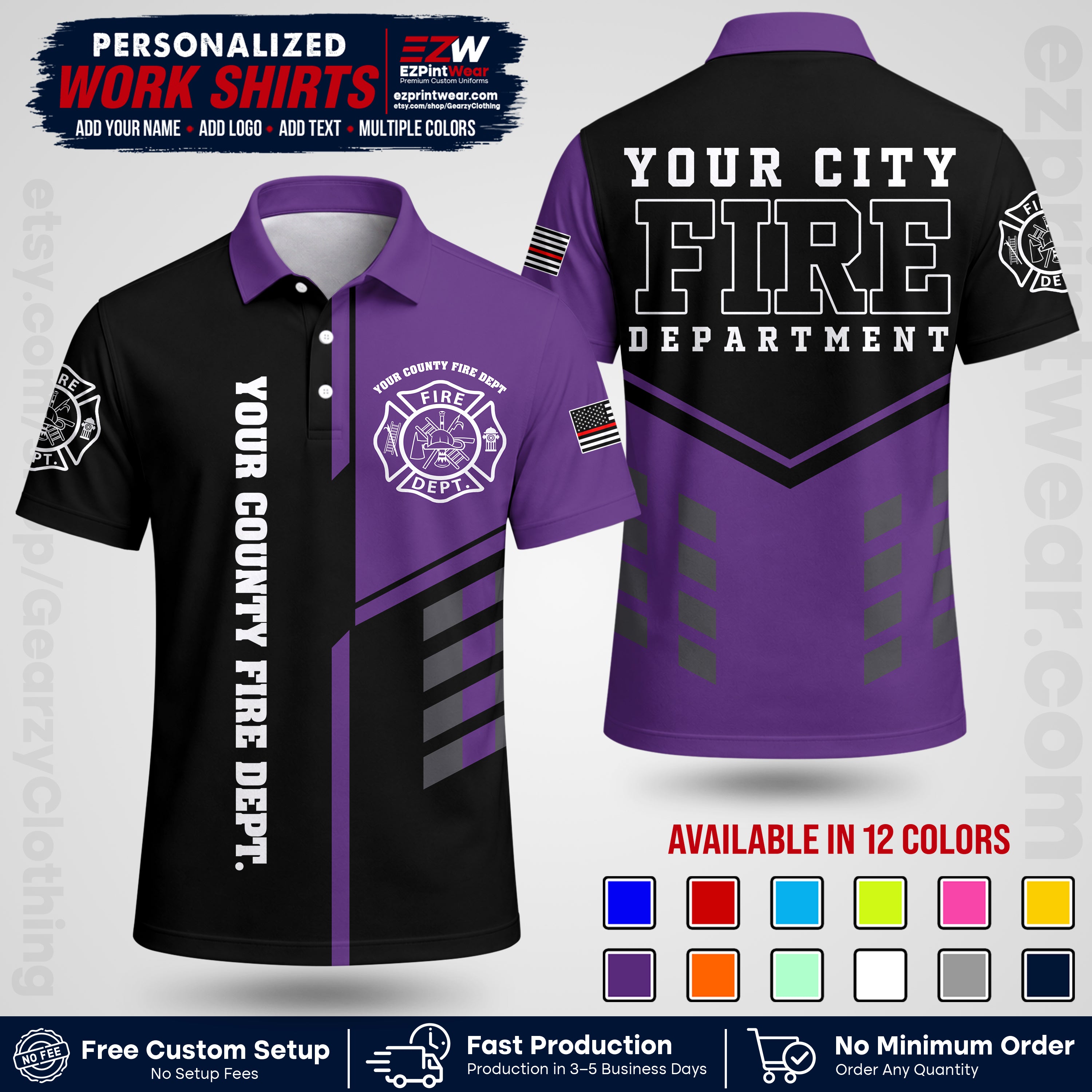 Custom Fire Department Shirt with Name, City Logo & Text | Firefighter Uniform | Button Up Work Shirt FF03