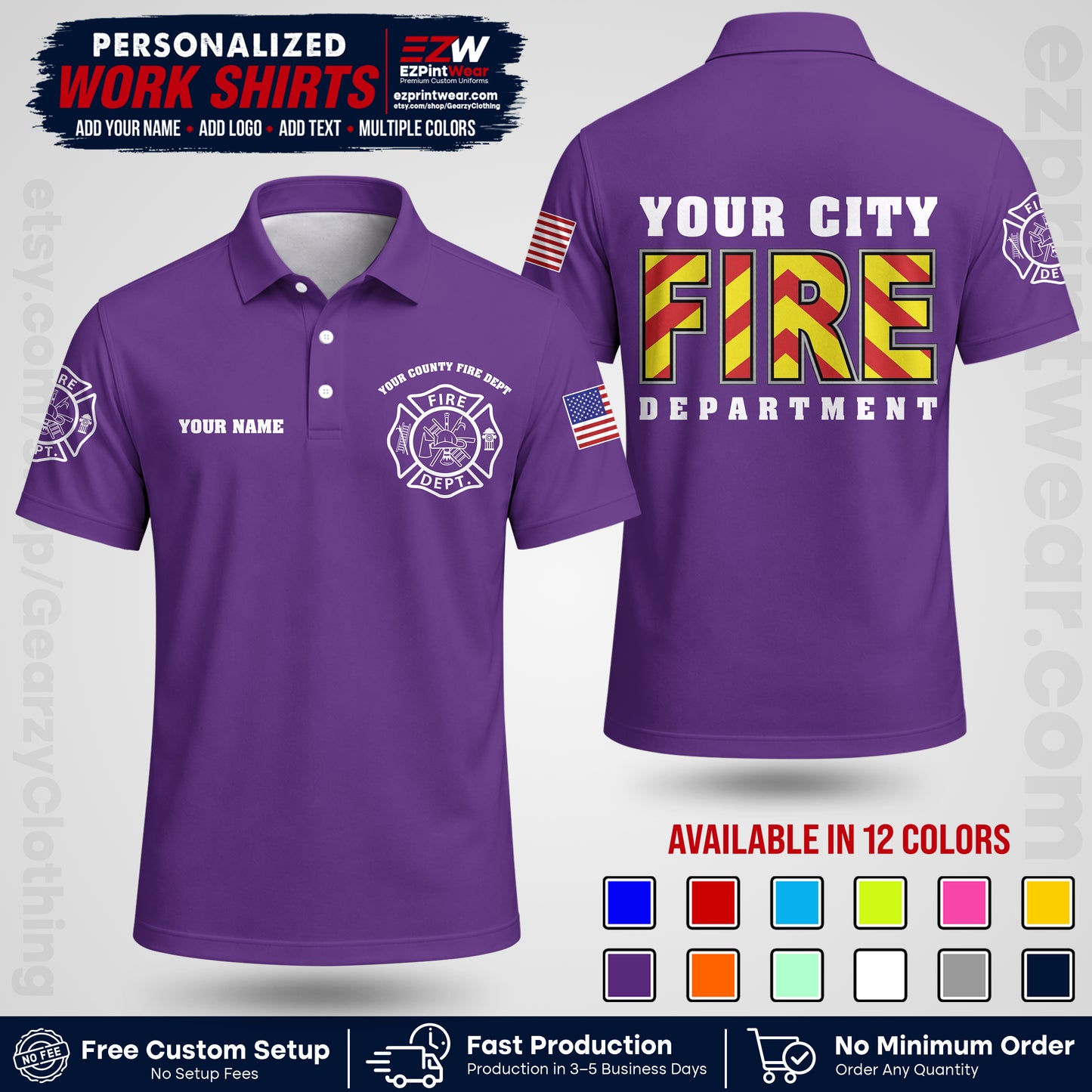 Custom Fire Department Shirt with Name, City Logo & Text | Firefighter Uniform | Button Up Work Shirt FF05