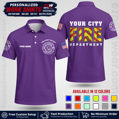 Custom Fire Department Shirt with Name, City Logo & Text | Firefighter Uniform | Button Up Work Shirt FF05