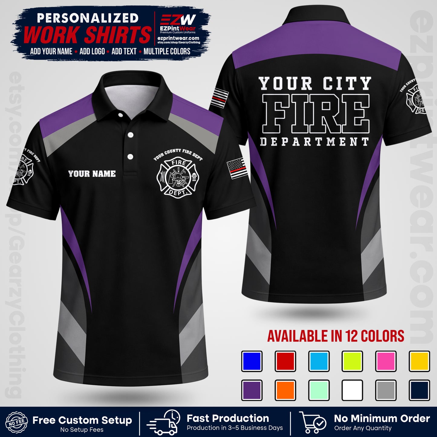 Custom Fire Department Shirt with Name, City Logo & Text | Firefighter Uniform | Button Up Work Shirt FF02