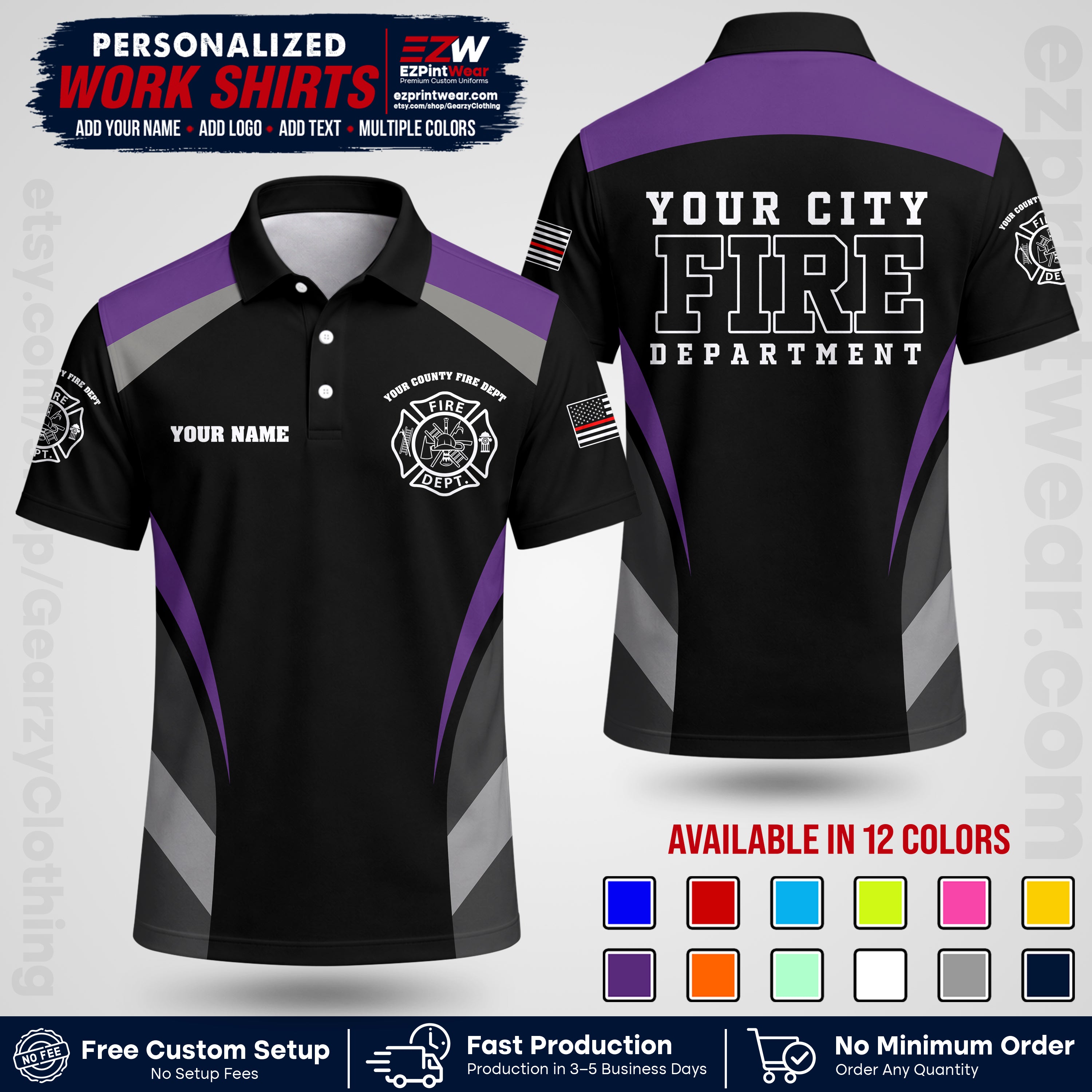 Custom Fire Department Shirt with Name, City Logo & Text | Firefighter Uniform | Button Up Work Shirt FF02