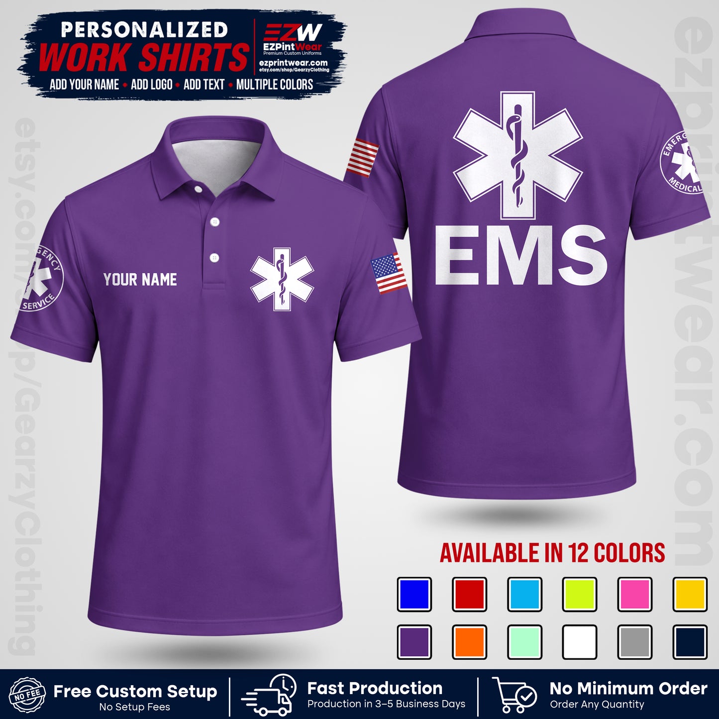 Custom EMS Shirt with Name, Logo & Text | EMS Team Uniform | First Responder Workwear EMSU02