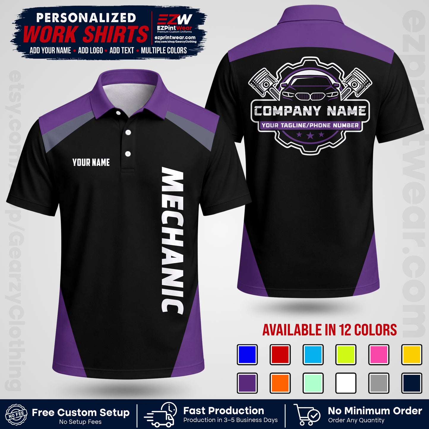 Custom Mechanic Work Shirt with Name, Logo & Text | Auto Shop Uniform | Workwear MCN 02
