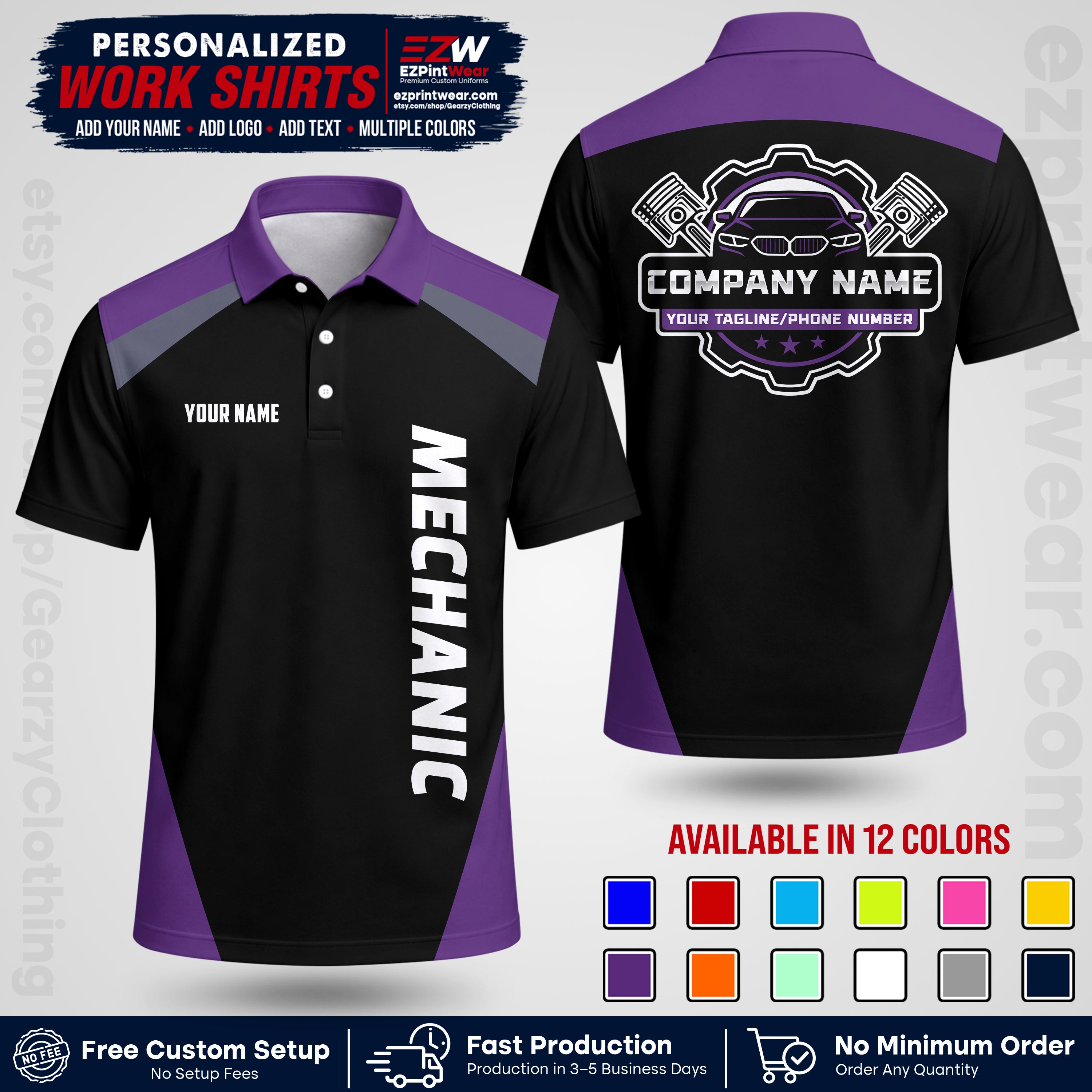 Custom Mechanic Work Shirt with Name, Logo & Text | Auto Shop Uniform | Workwear MCN 02