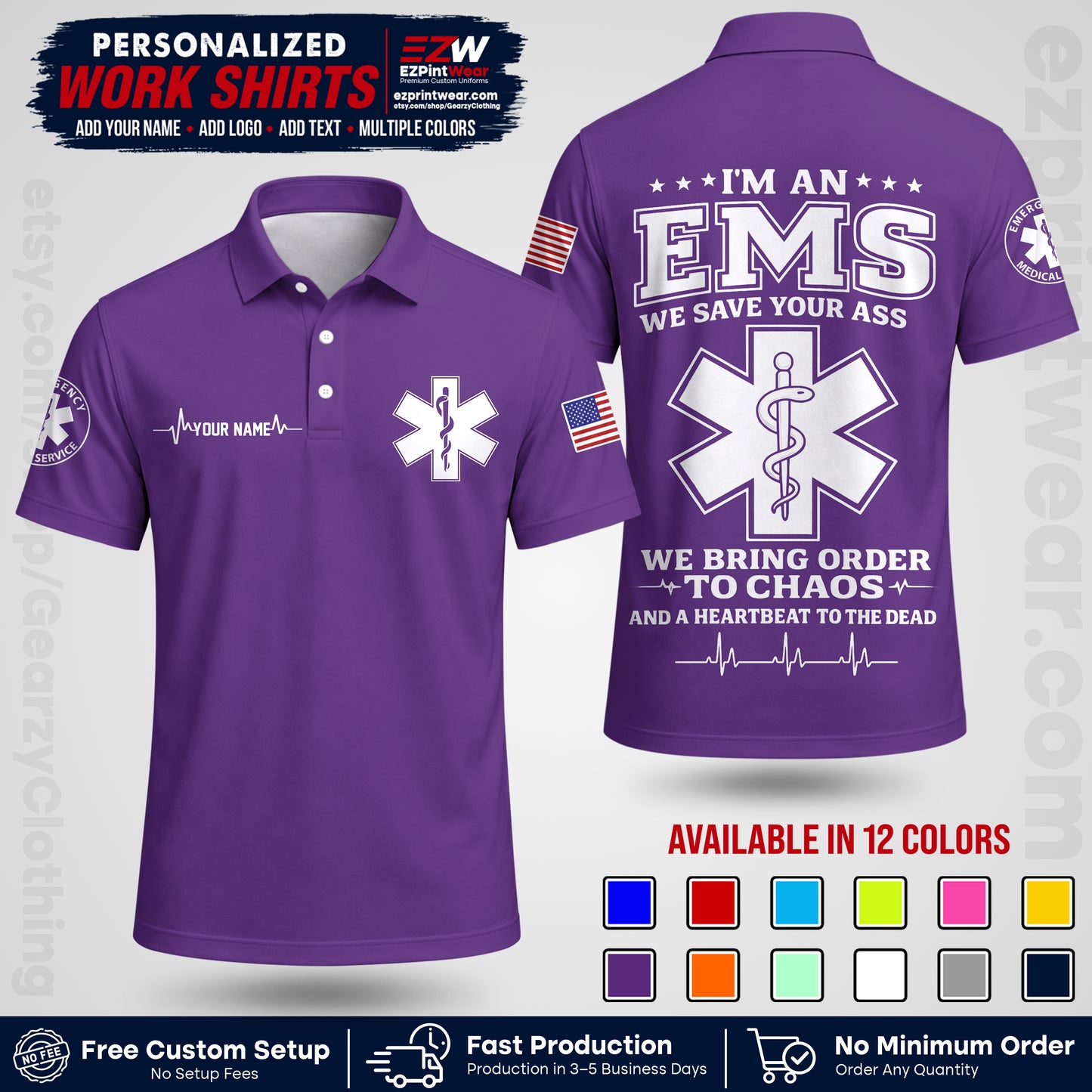 Custom EMS Shirt with Name, Logo & Text | EMS Team Uniform | First Responder Workwear EMSU05