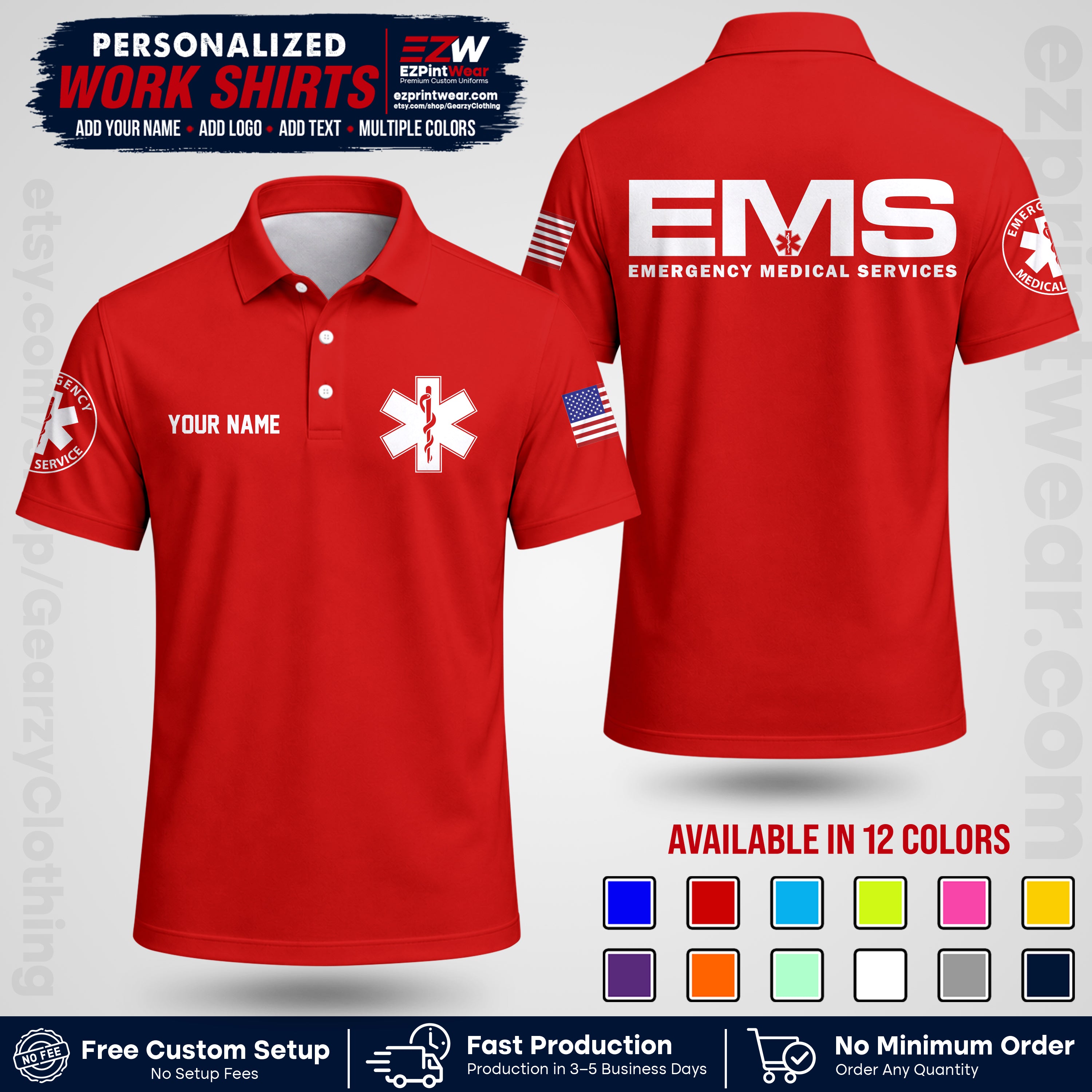 Custom EMS Shirt with Name, Logo & Text | EMS Team Uniform | First Responder Workwear EMSU01