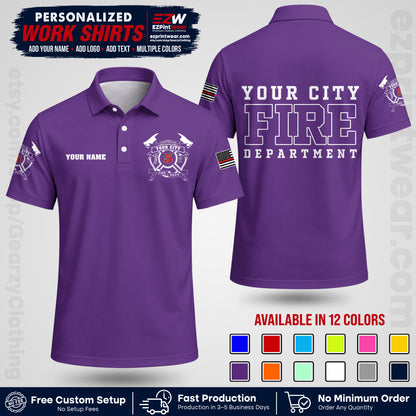 Custom Fire Department Shirt with Name, City Logo & Text | Firefighter Uniform | Button Up Work Shirt FF07