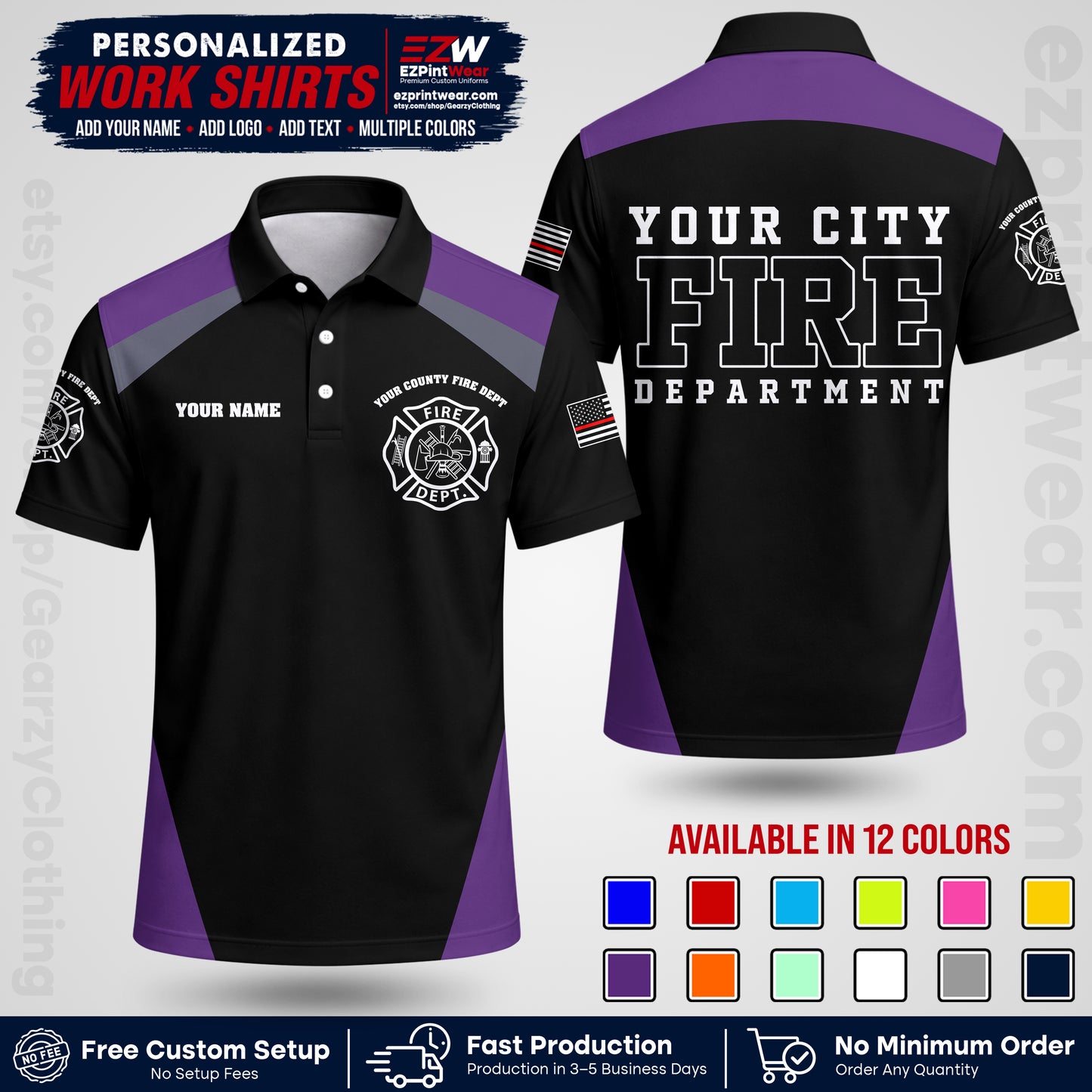 Custom Fire Department Shirt with Name, City Logo & Text | Firefighter Uniform | Button Up Work Shirt FF04