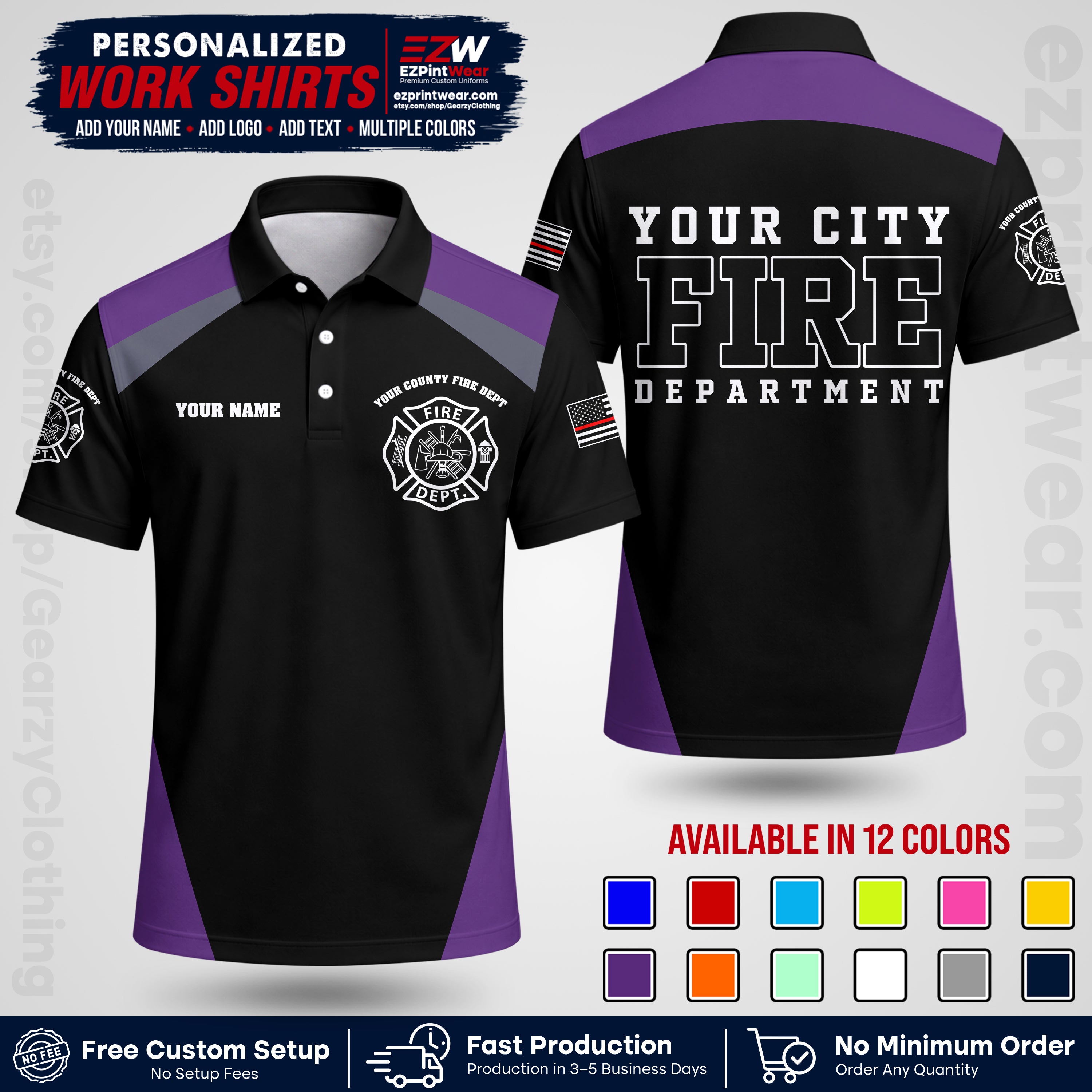 Custom Fire Department Shirt with Name, City Logo & Text | Firefighter Uniform | Button Up Work Shirt FF04