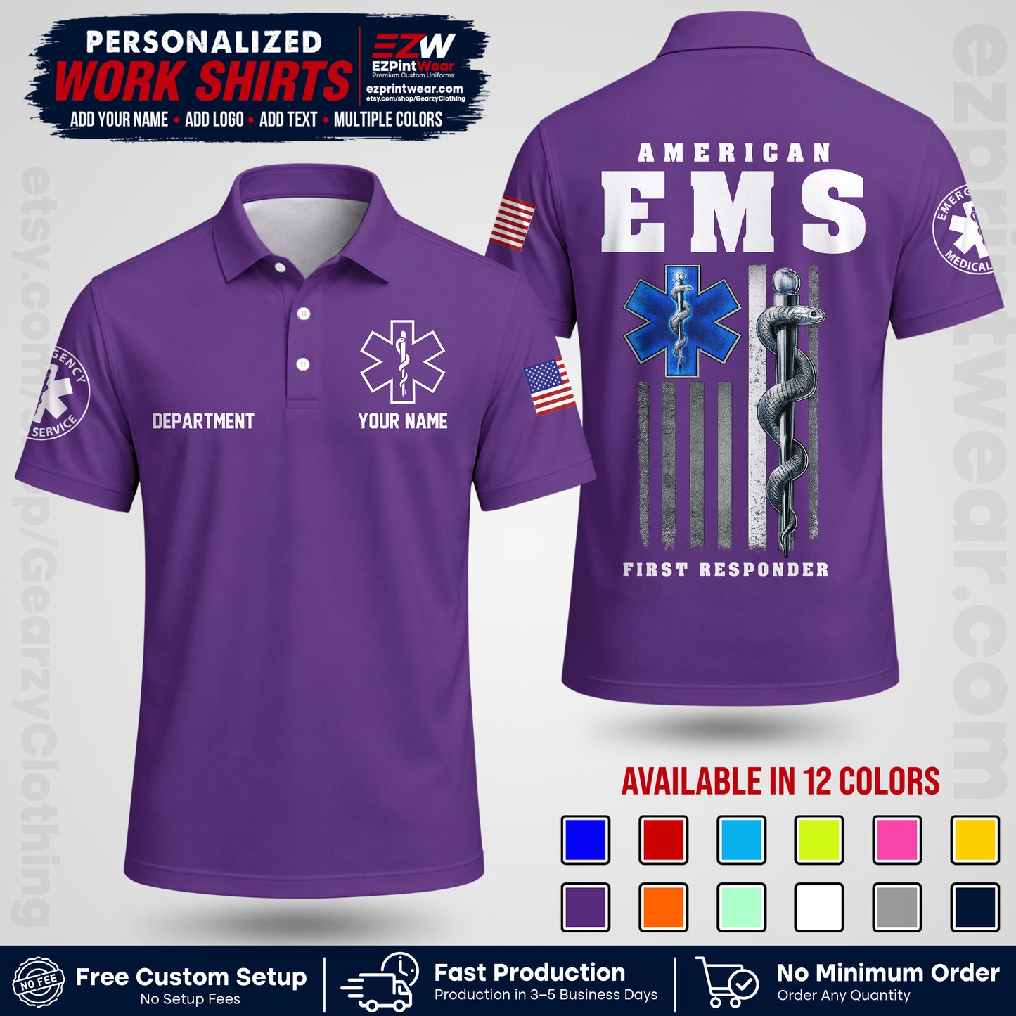 Custom EMS Shirt with Name, Logo & Text | EMS Team Uniform | First Responder Workwear EMSU03