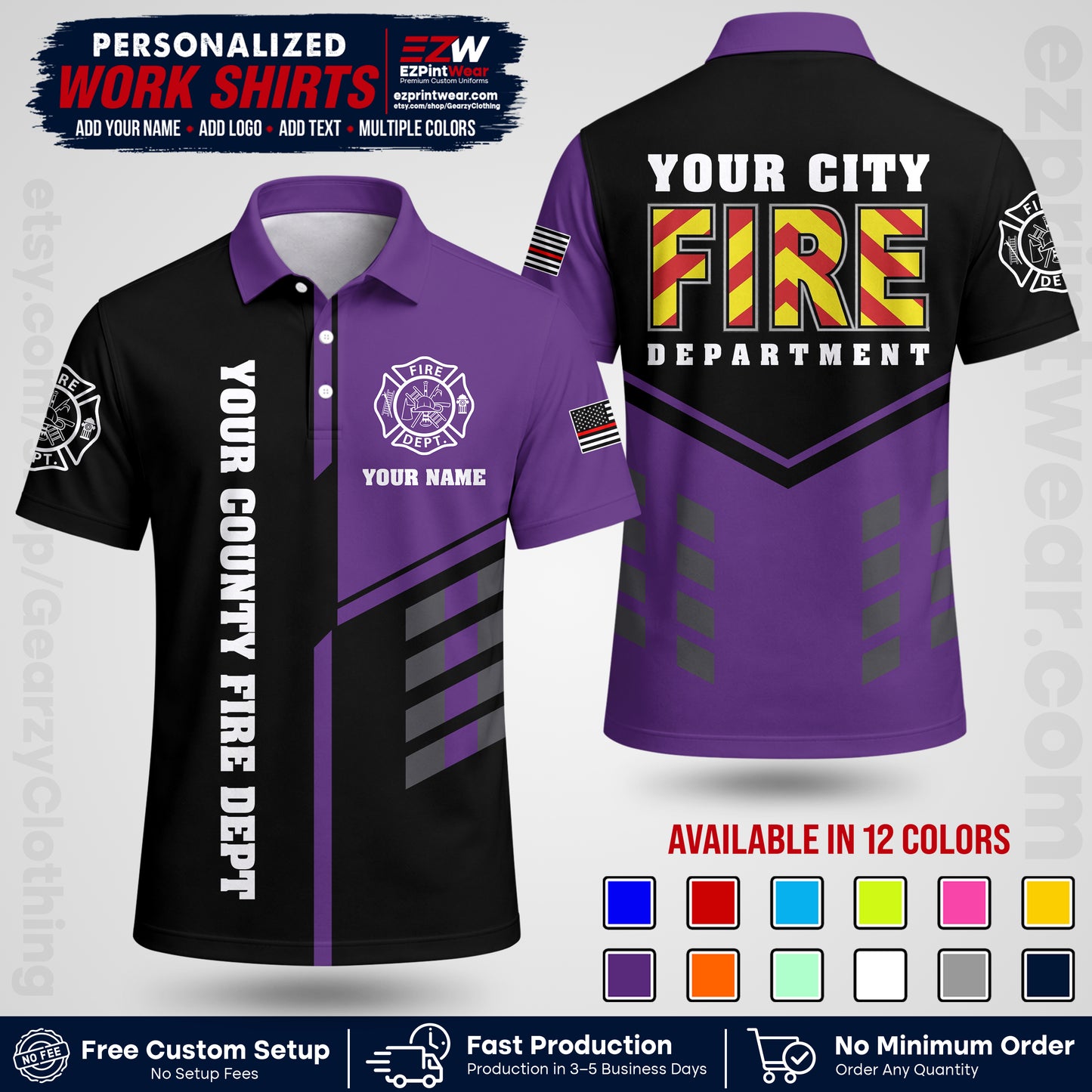 Custom Fire Department Shirt with Name, City Logo & Text | Firefighter Uniform | Button Up Work Shirt FF06