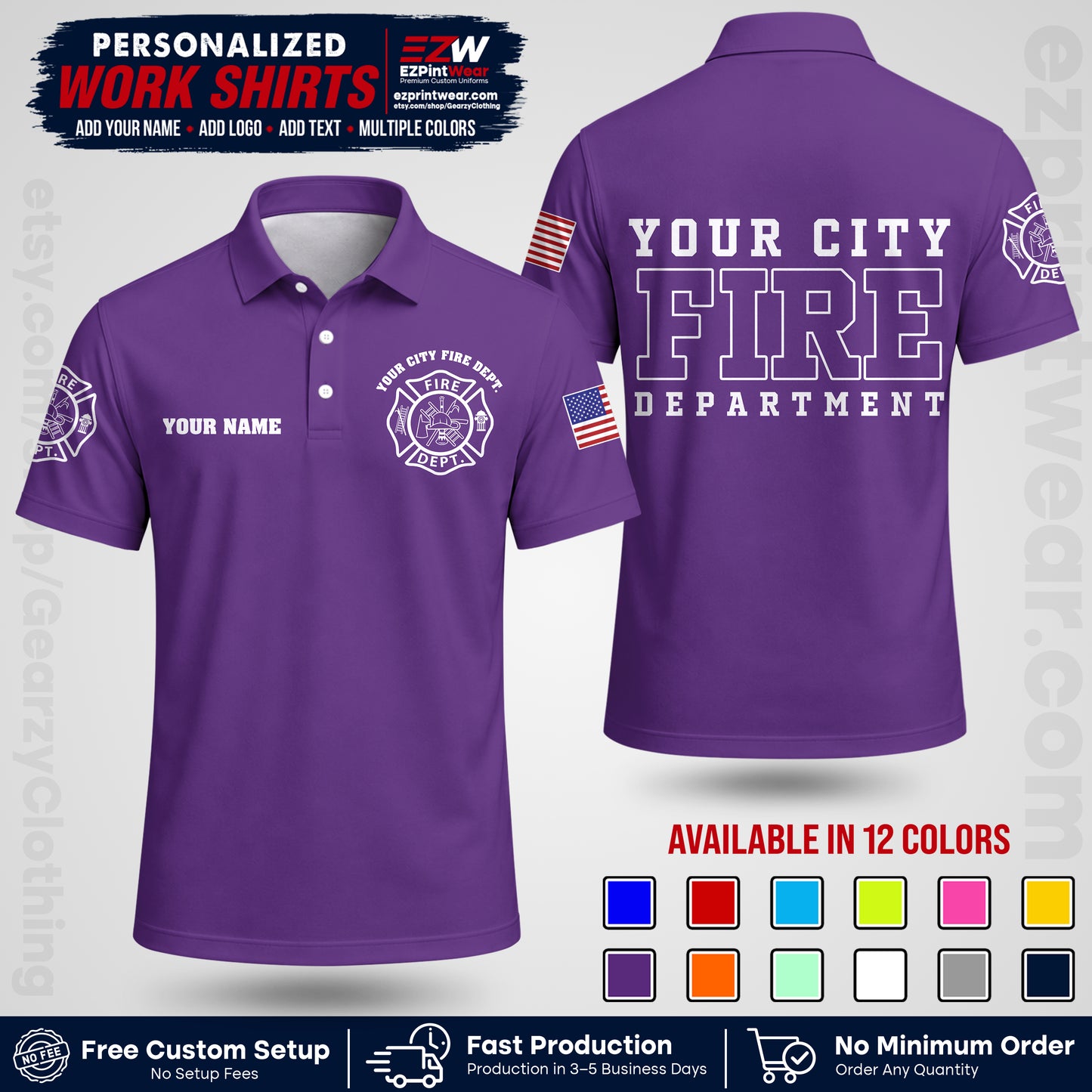 Custom Fire Department Shirt with Name, City Logo & Text | Firefighter Uniform | Button Up Work Shirt FF01