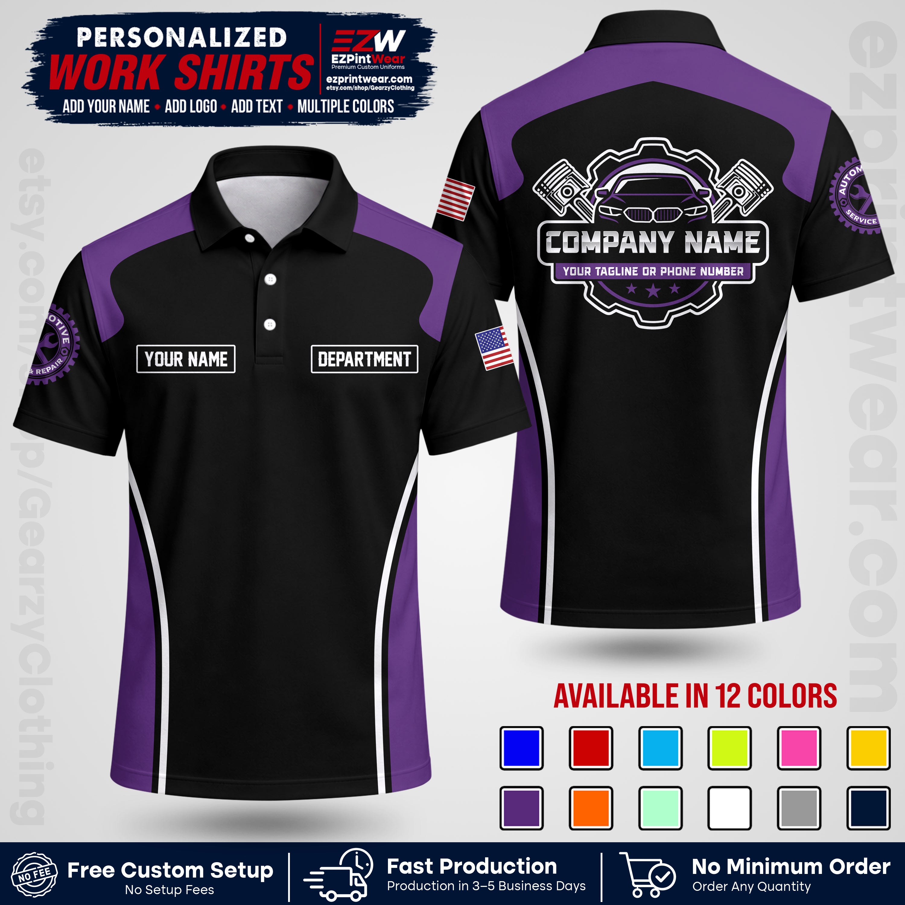 Custom Mechanic Work Shirt with Name, Logo & Text | Auto Shop Uniform | Workwear MCN 10