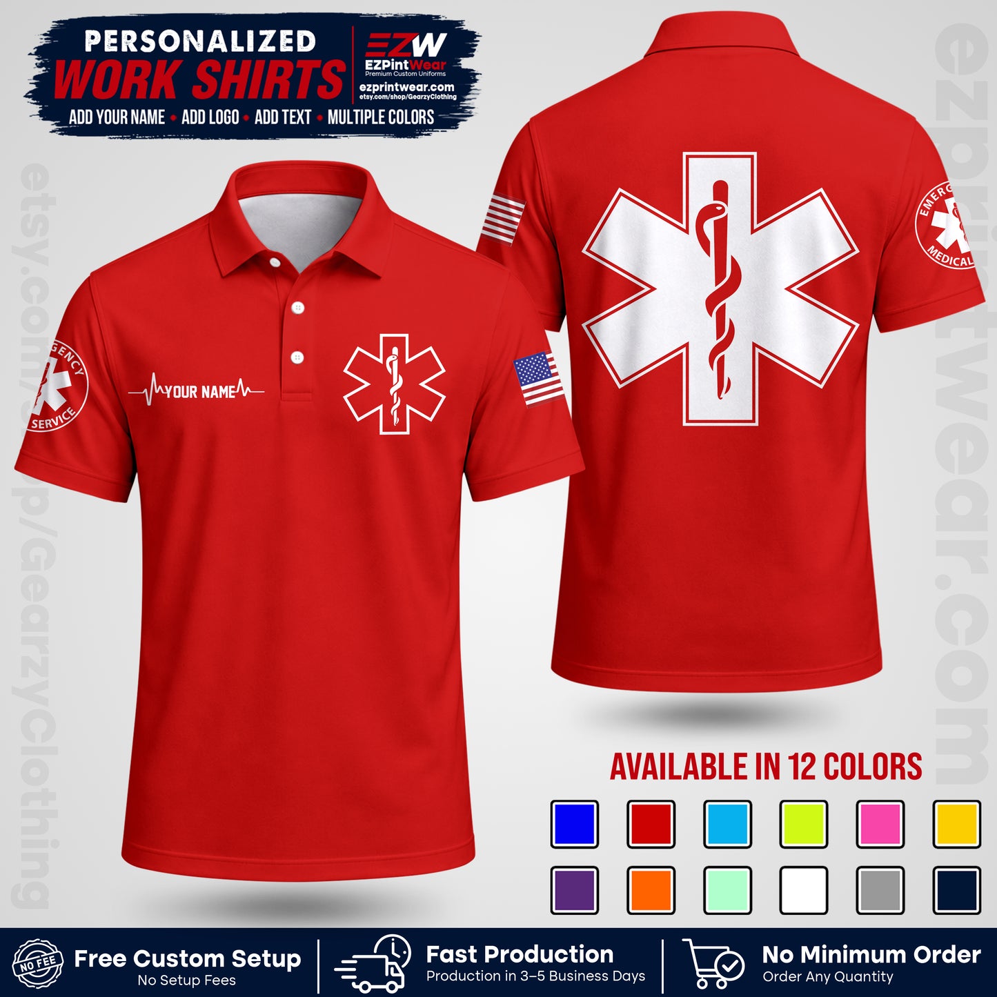 Custom EMS Shirt with Name, Logo & Text | EMS Team Uniform | First Responder Workwear EMSU04