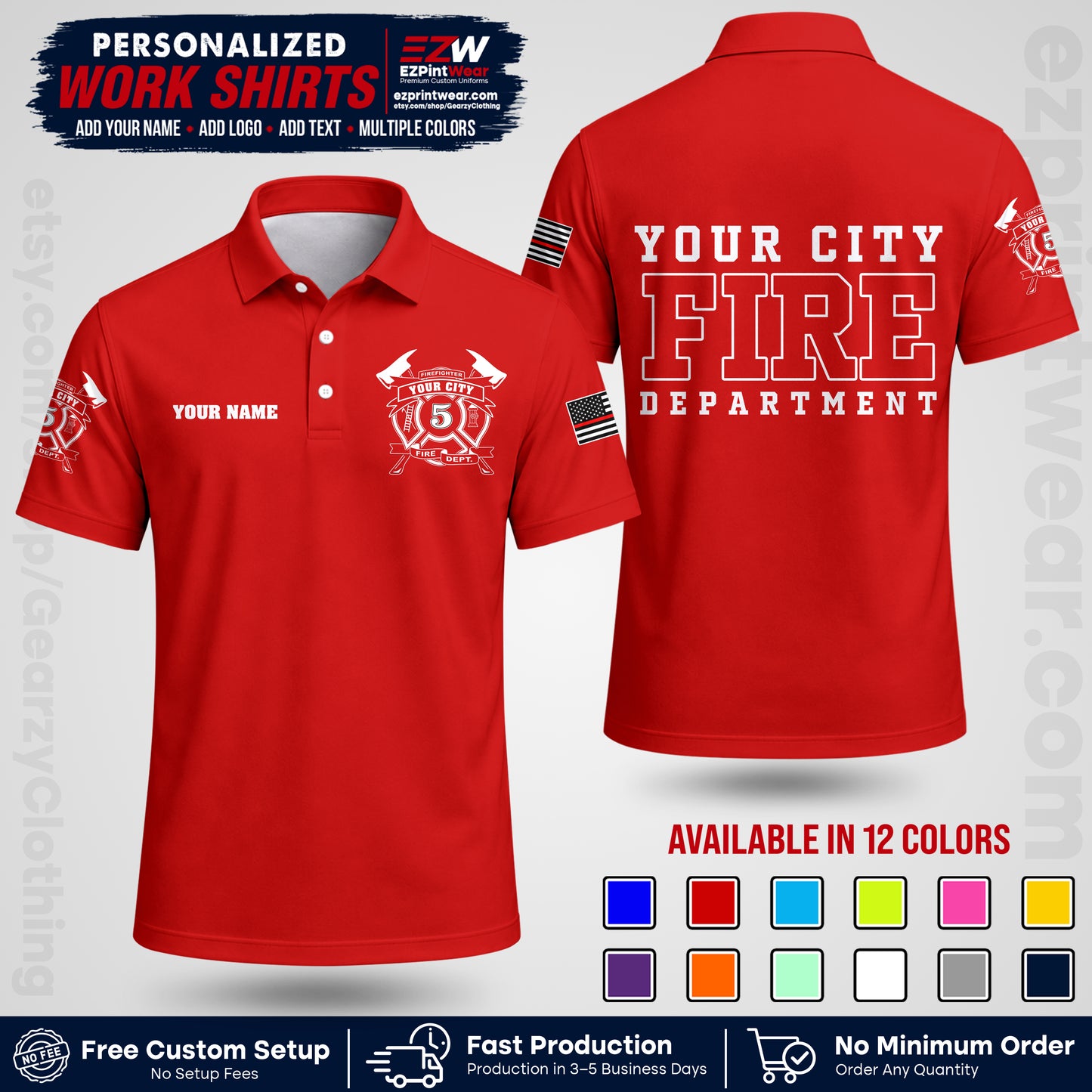 Custom Fire Department Shirt with Name, City Logo & Text | Firefighter Uniform | Button Up Work Shirt FF07