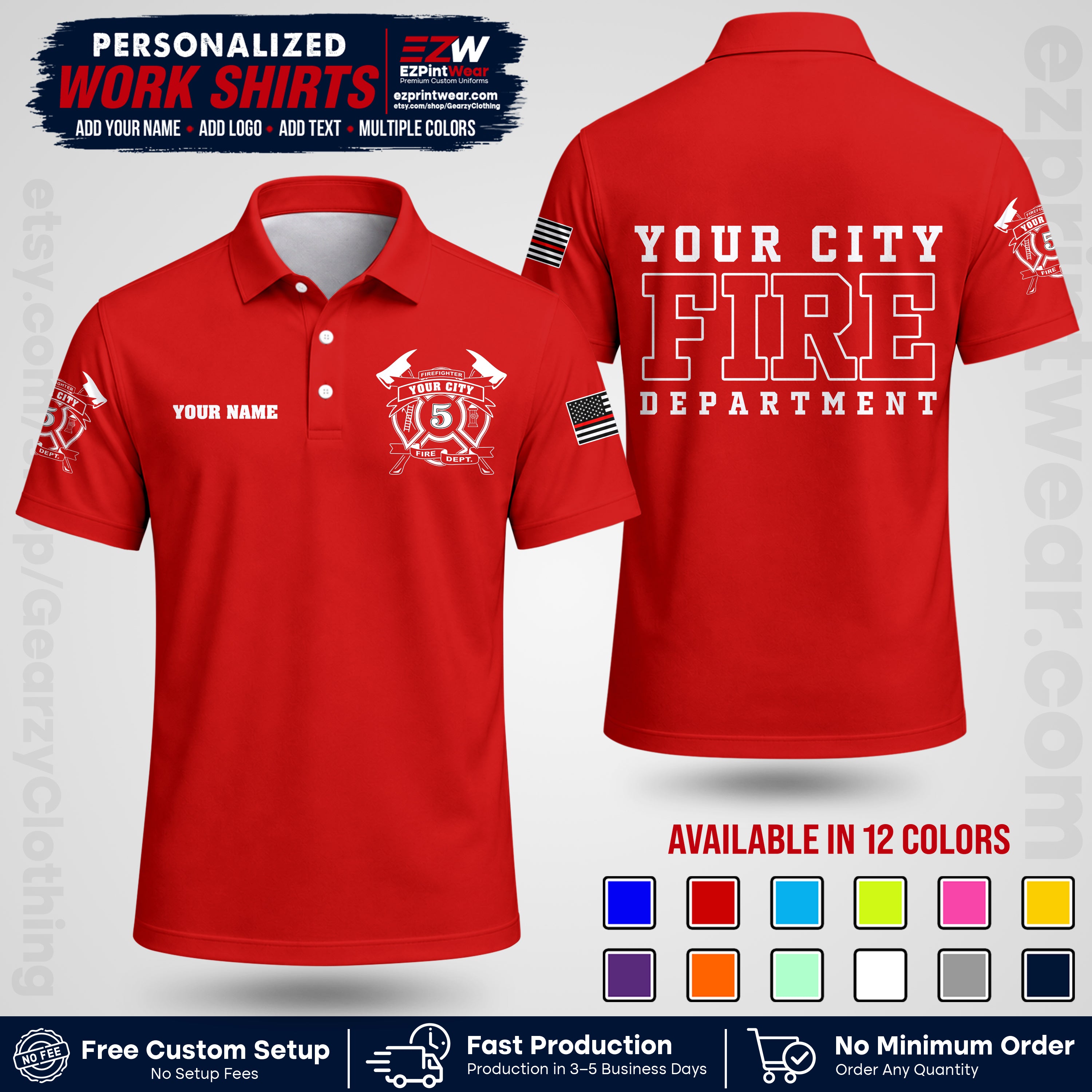 Custom Fire Department Shirt with Name, City Logo & Text | Firefighter Uniform | Button Up Work Shirt FF07