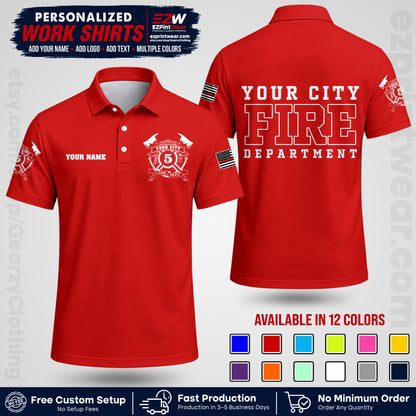 Custom Fire Department Shirt with Name, City Logo & Text | Firefighter Uniform | Button Up Work Shirt FF07