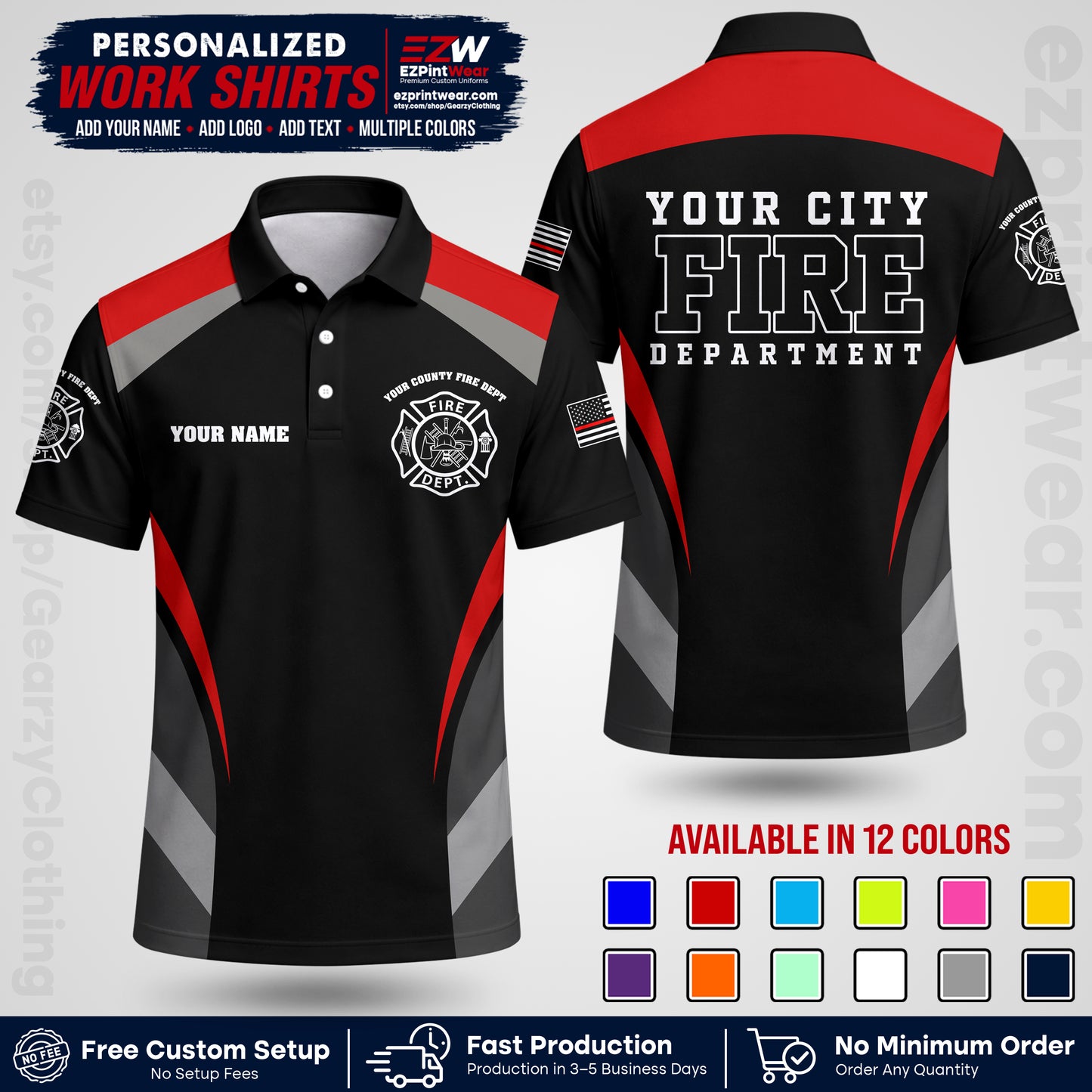 Custom Fire Department Shirt with Name, City Logo & Text | Firefighter Uniform | Button Up Work Shirt FF02