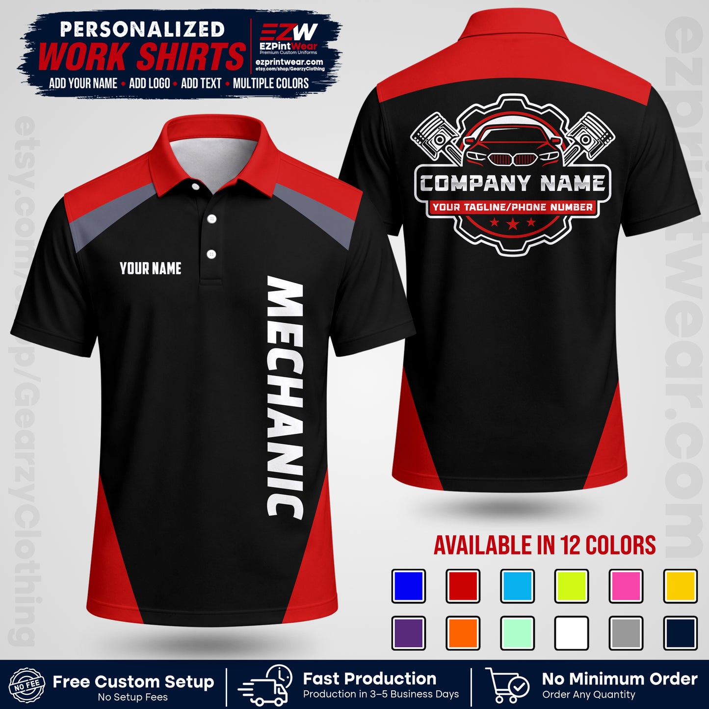 Custom Mechanic Work Shirt with Name, Logo & Text | Auto Shop Uniform | Workwear MCN 02