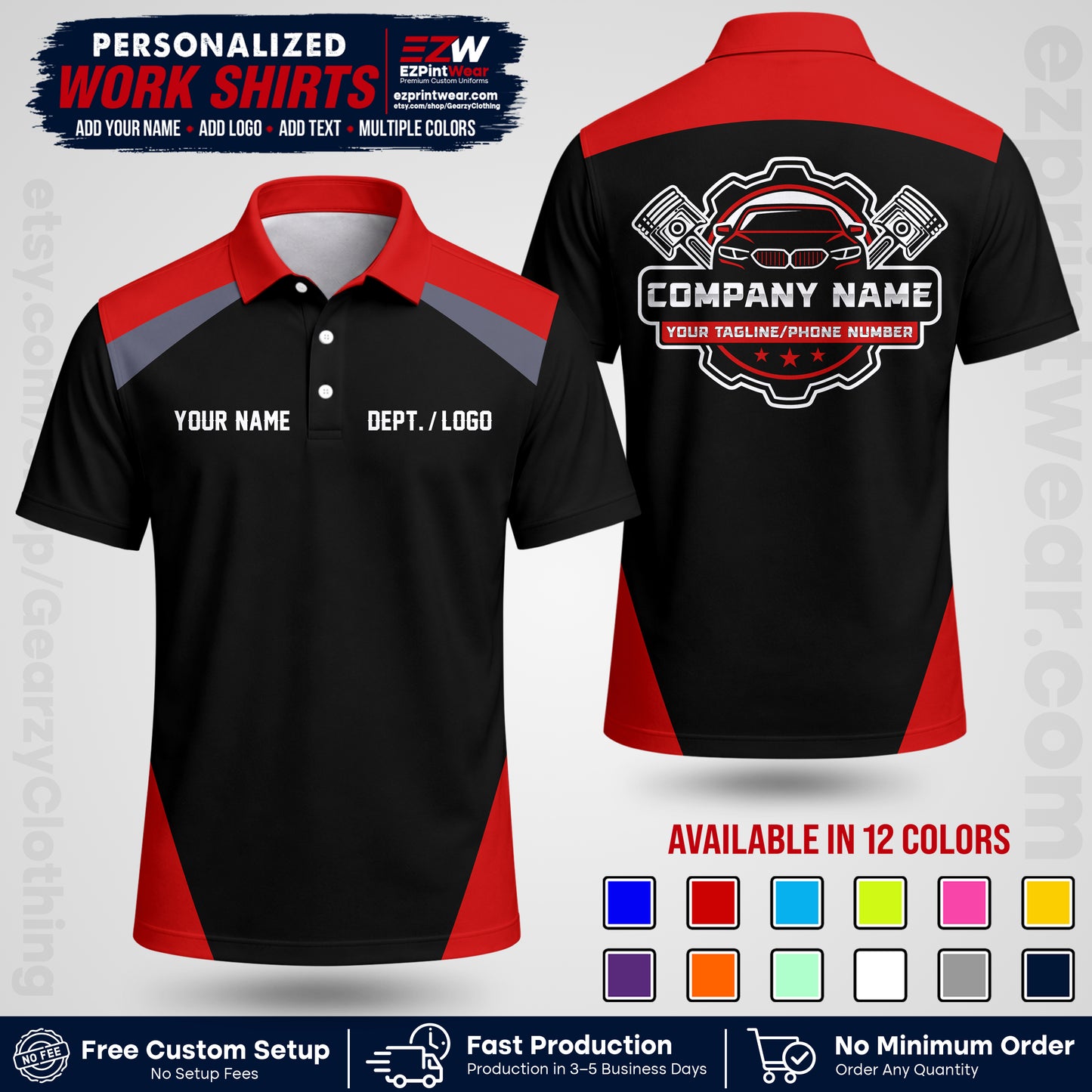 Custom Mechanic Work Shirt with Name, Logo & Text | Auto Shop Uniform | Workwear MCN 03
