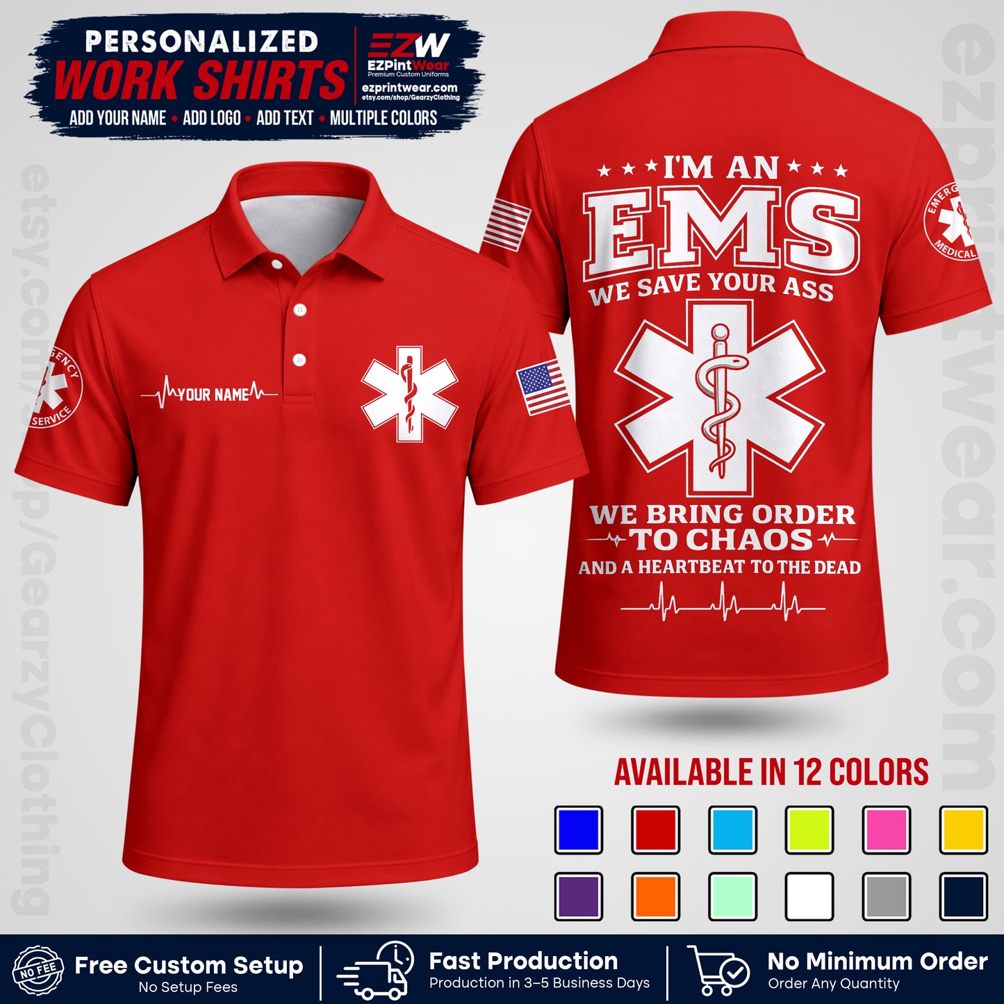 Custom EMS Shirt with Name, Logo & Text | EMS Team Uniform | First Responder Workwear EMSU05