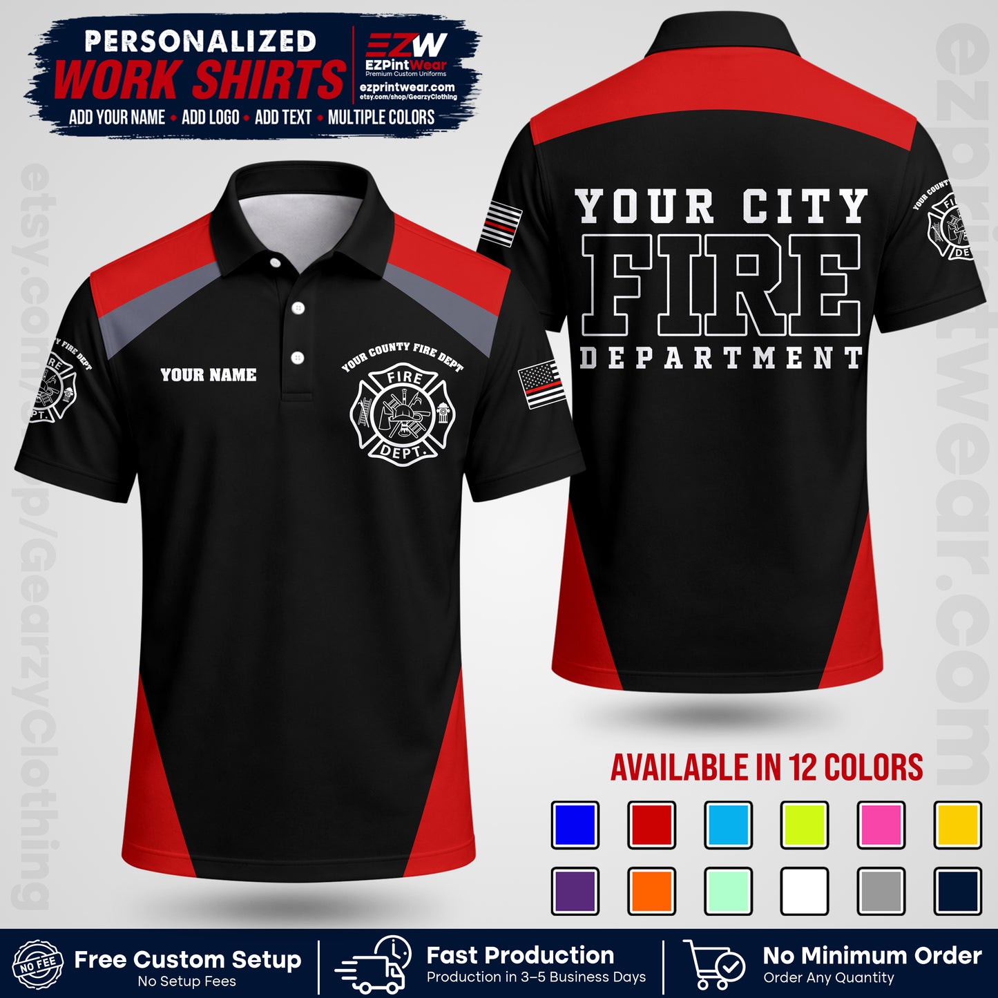 Custom Fire Department Shirt with Name, City Logo & Text | Firefighter Uniform | Button Up Work Shirt FF04