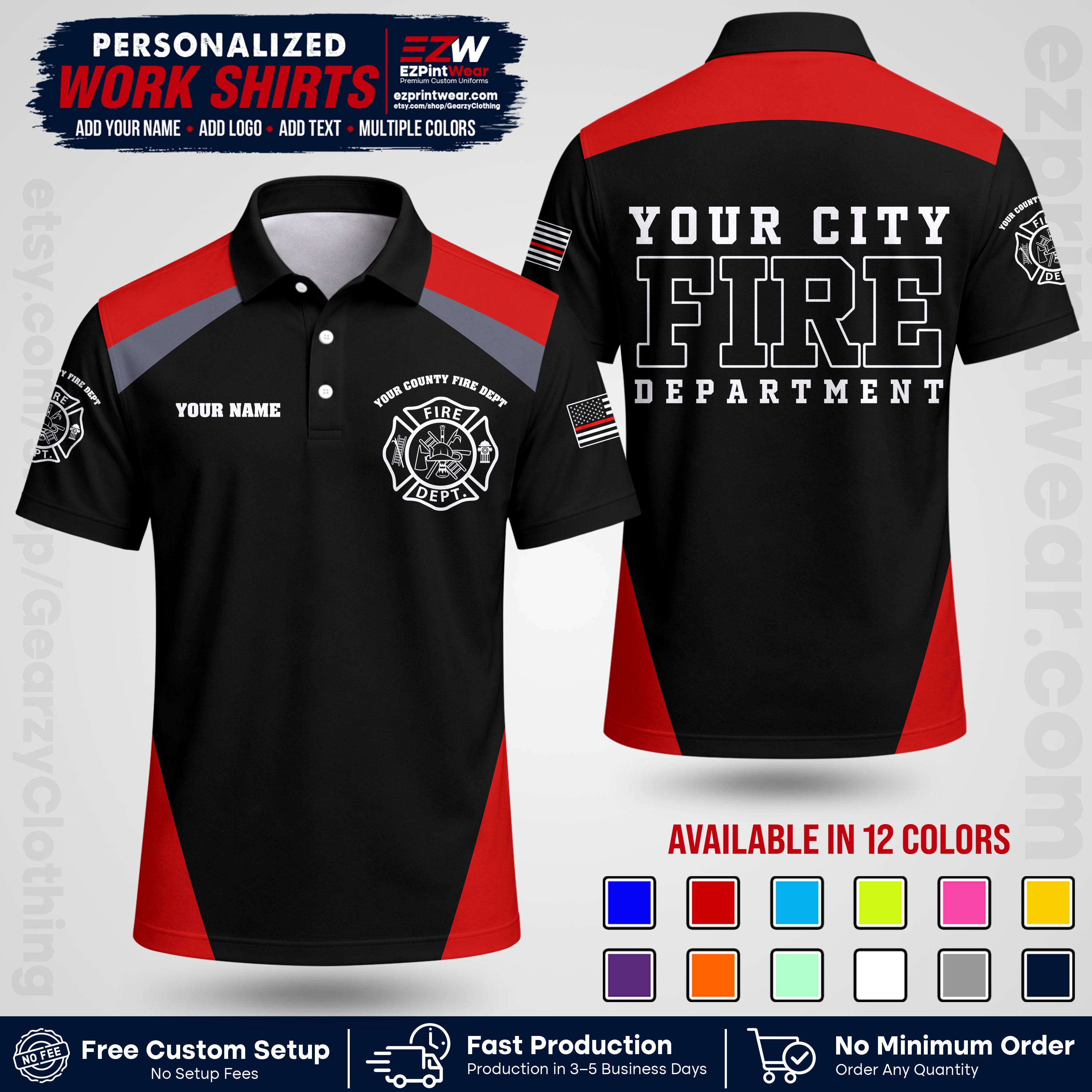 Custom Fire Department Shirt with Name, City Logo & Text | Firefighter Uniform | Button Up Work Shirt FF04