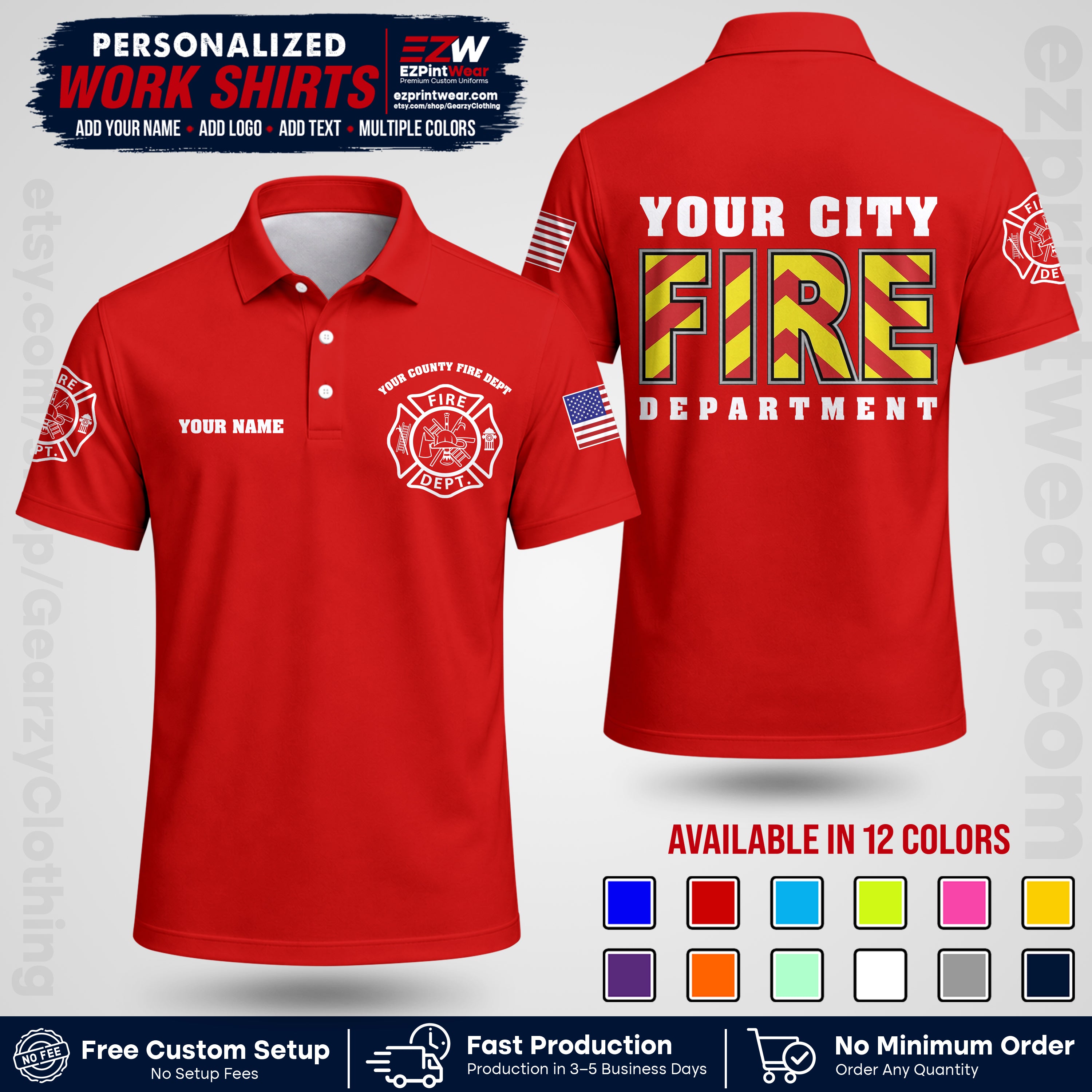 Custom Fire Department Shirt with Name, City Logo & Text | Firefighter Uniform | Button Up Work Shirt FF05