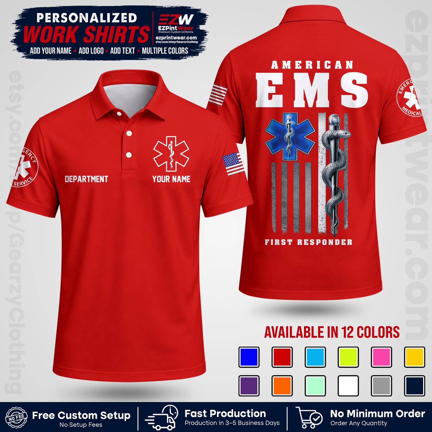 Custom EMS Shirt with Name, Logo & Text | EMS Team Uniform | First Responder Workwear EMSU03