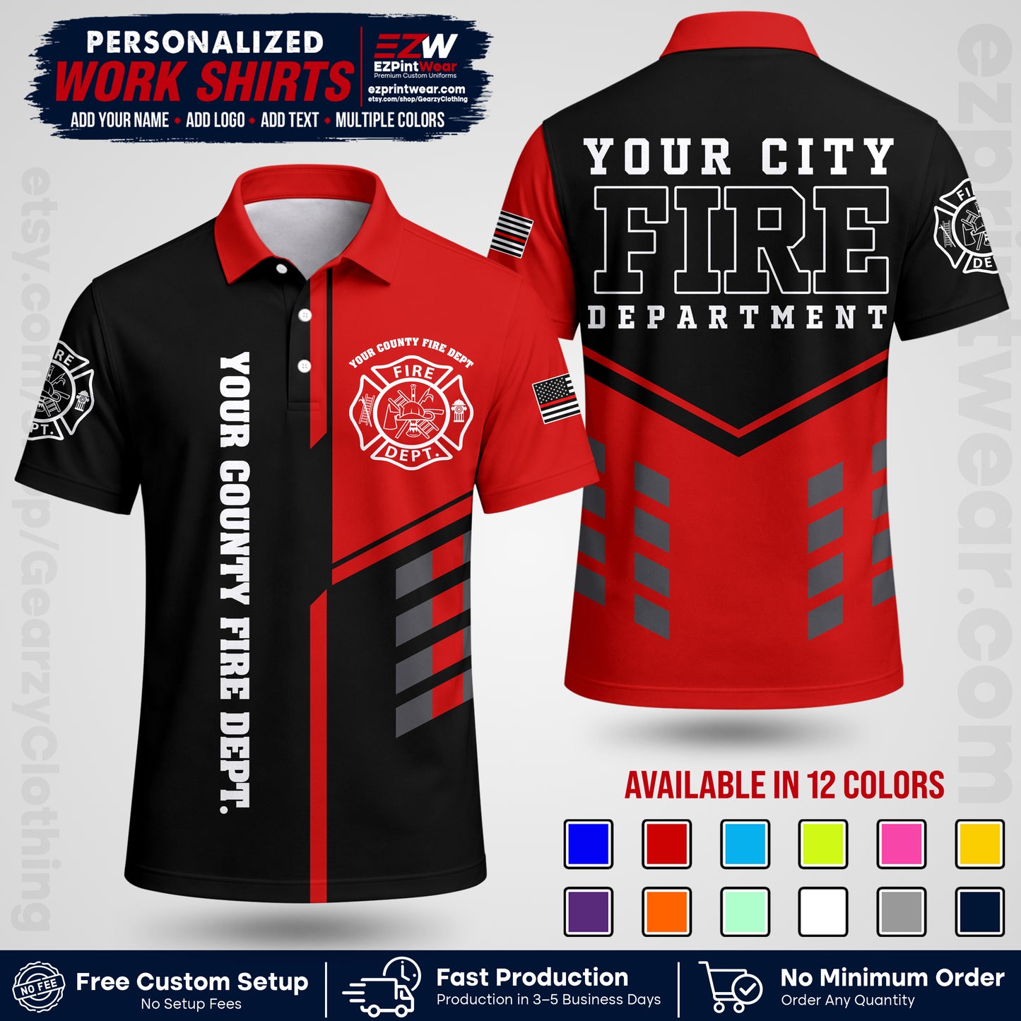 Custom Fire Department Shirt with Name, City Logo & Text | Firefighter Uniform | Button Up Work Shirt FF03