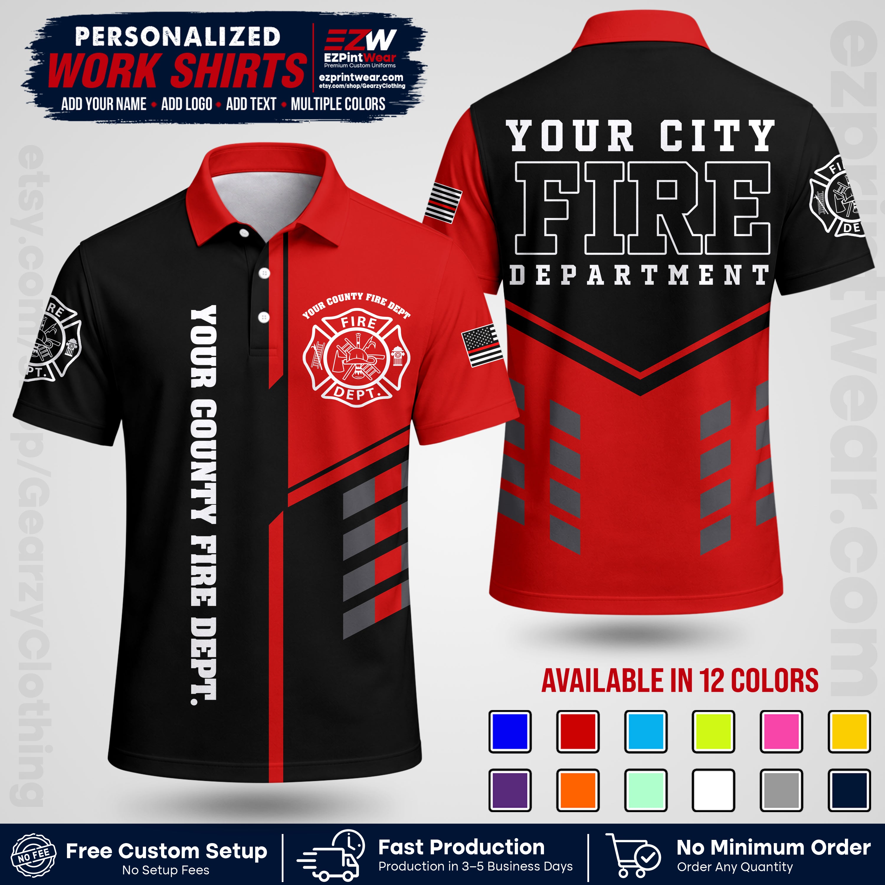 Custom Fire Department Shirt with Name, City Logo & Text | Firefighter Uniform | Button Up Work Shirt FF03