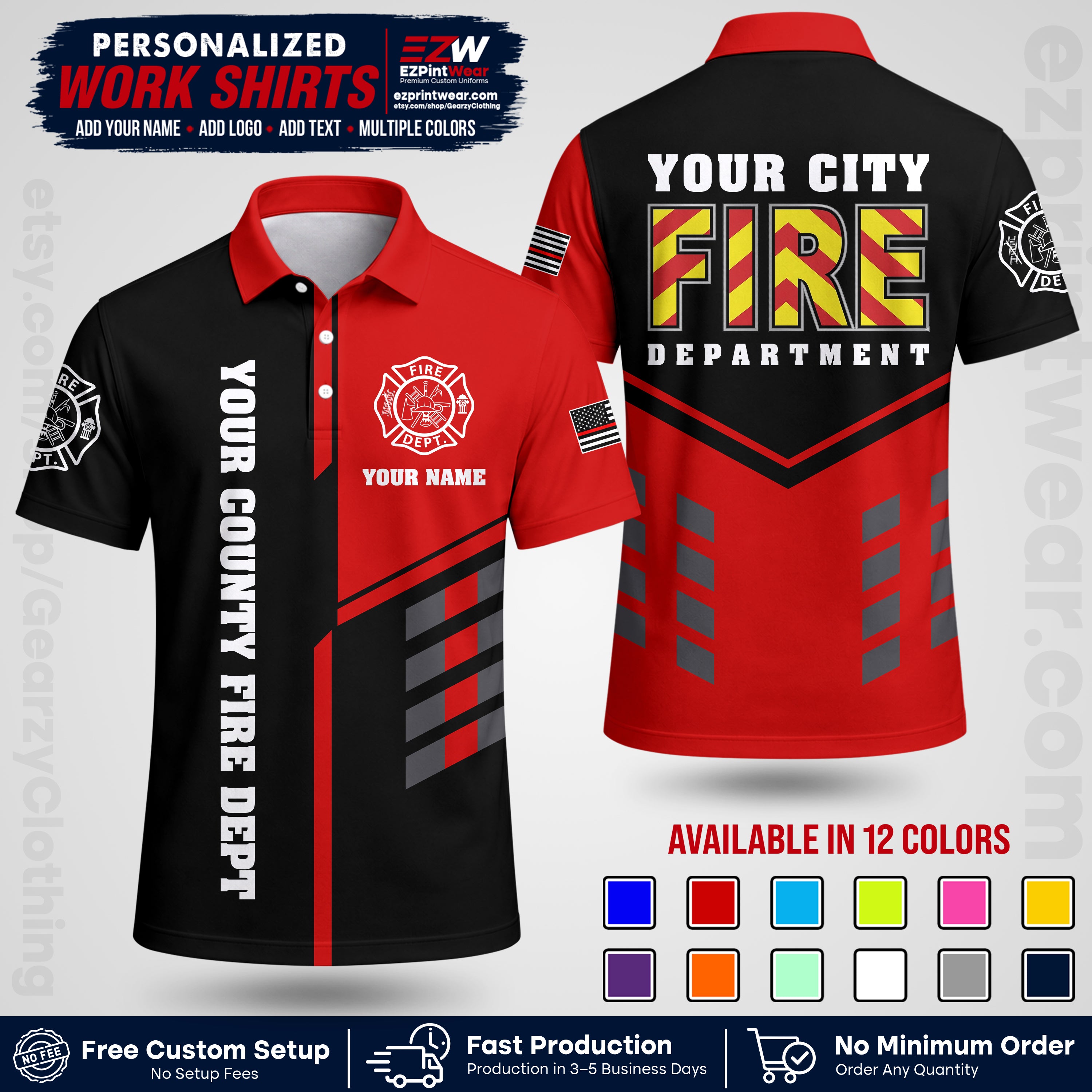 Custom Fire Department Shirt with Name, City Logo & Text | Firefighter Uniform | Button Up Work Shirt FF06
