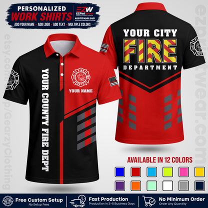 Custom Fire Department Shirt with Name, City Logo & Text | Firefighter Uniform | Button Up Work Shirt FF06