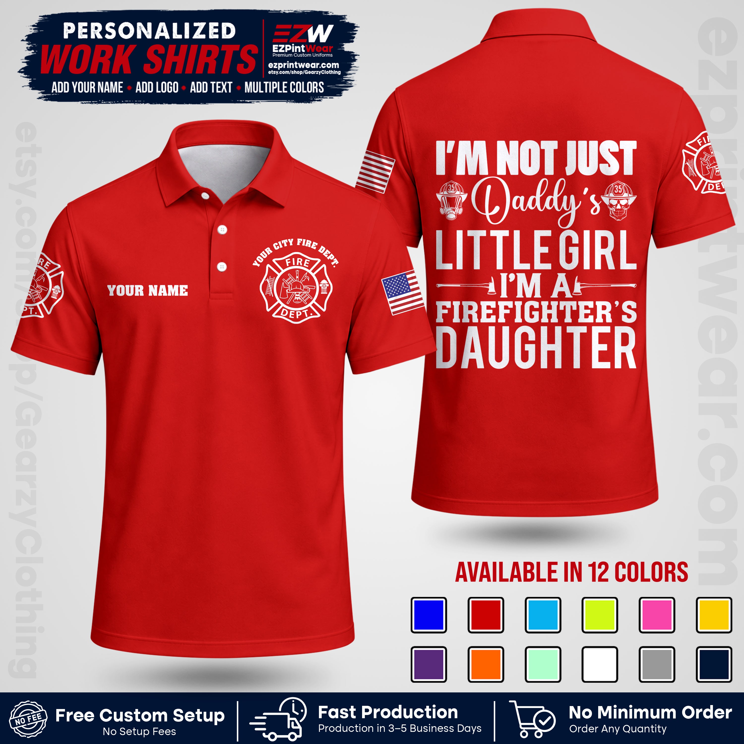 Custom Fire Department Shirt with Name, City Logo & Text | Firefighter Uniform | Button Up Work Shirt FF08