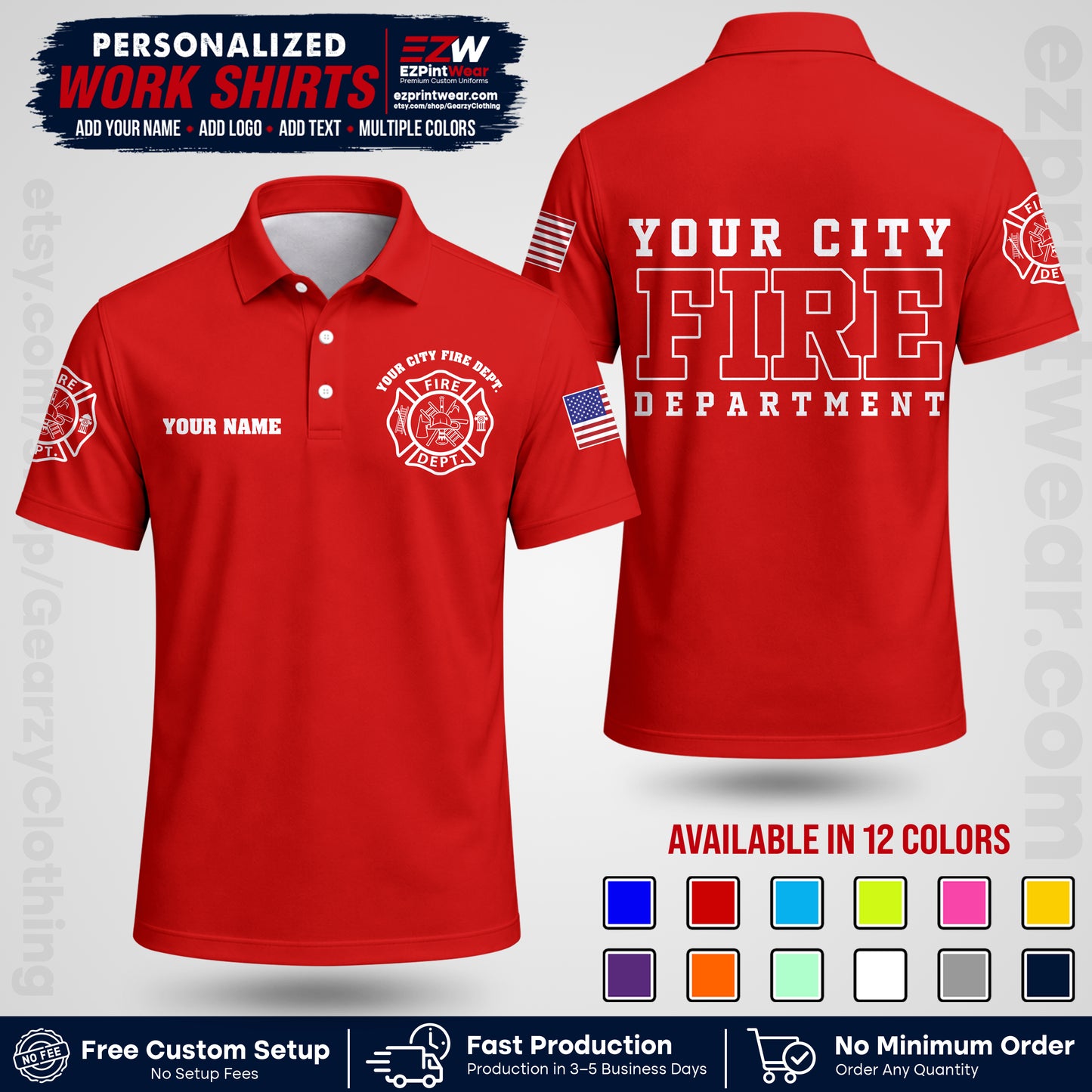 Custom Fire Department Shirt with Name, City Logo & Text | Firefighter Uniform | Button Up Work Shirt FF01