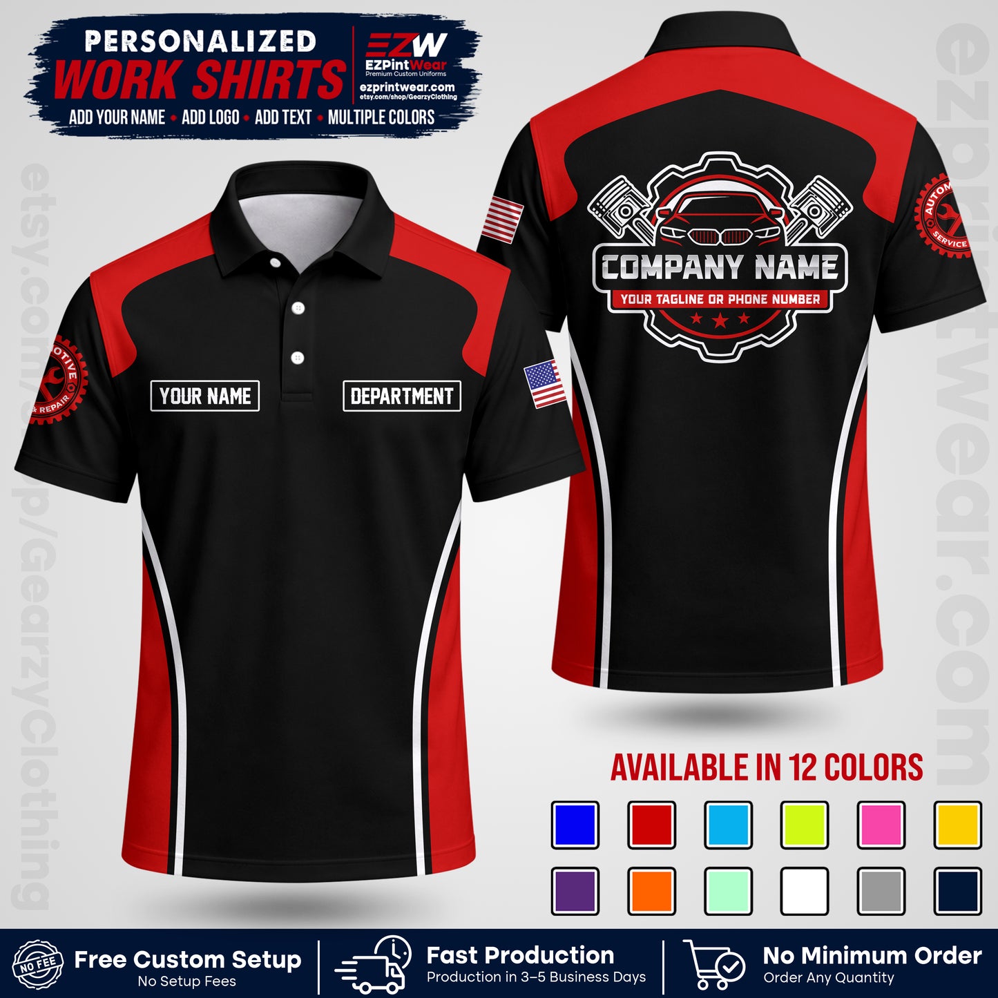 Custom Mechanic Work Shirt with Name, Logo & Text | Auto Shop Uniform | Workwear MCN 10